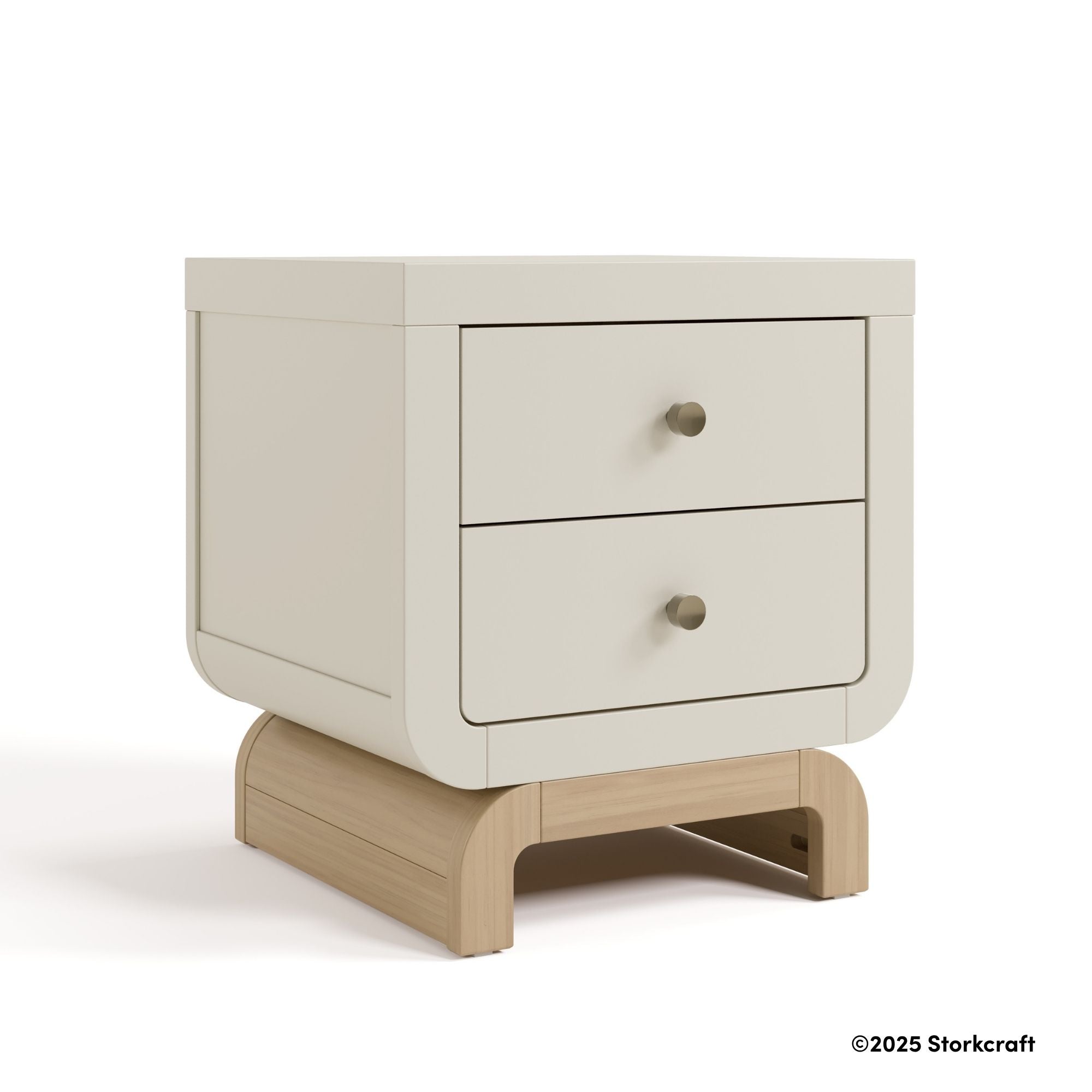 Santorini frosted oat with driftwood 2 drawer nightstand with 2025 Storkcraft copyright on bottom right