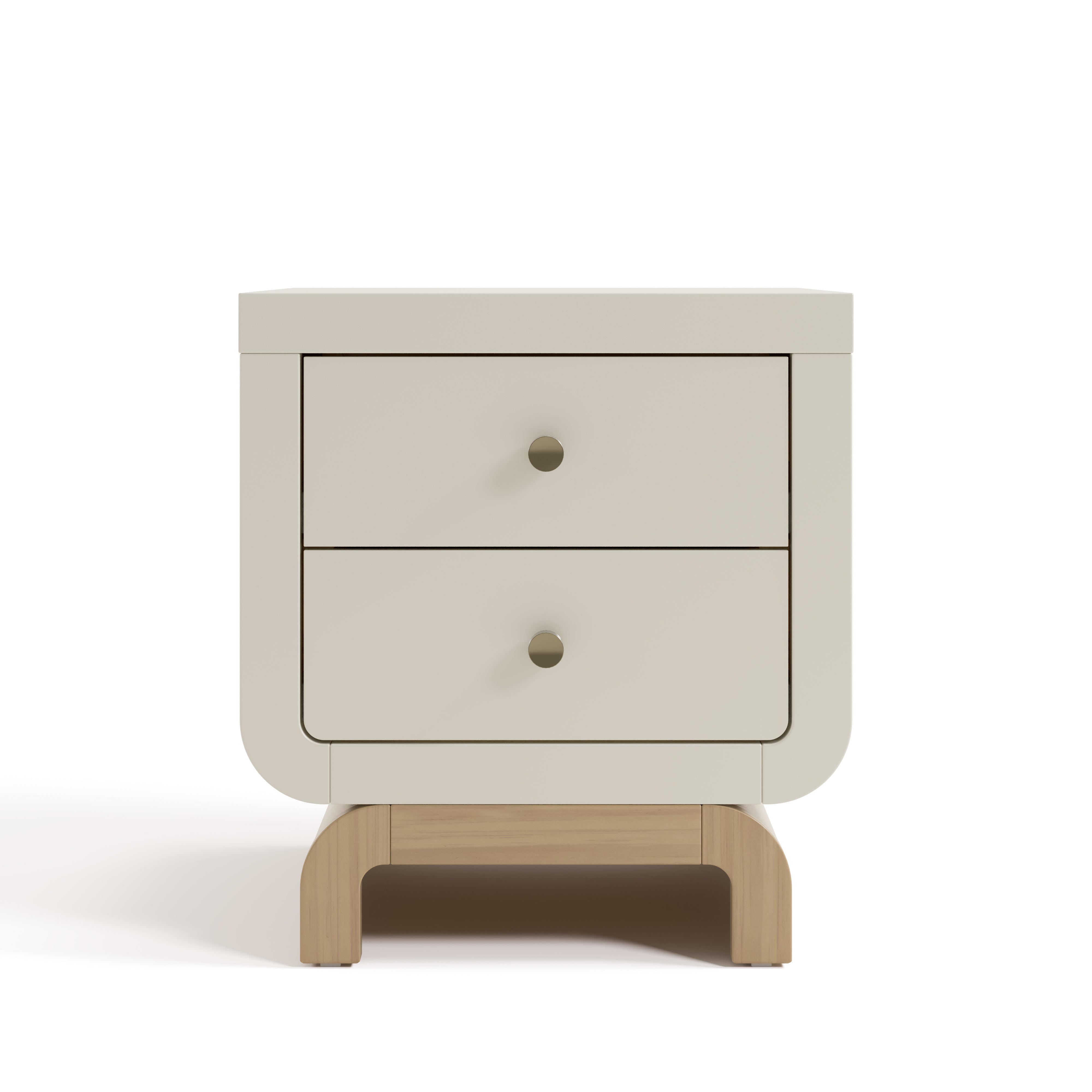 Santorini frosted oat with driftwood 2 drawer nightstand front view