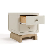 Santorini frosted oat with driftwood 2 drawer nightstand angle view with top drawer open
