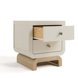 Santorini frosted oat with driftwood 2 drawer nightstand angle view with top drawer open