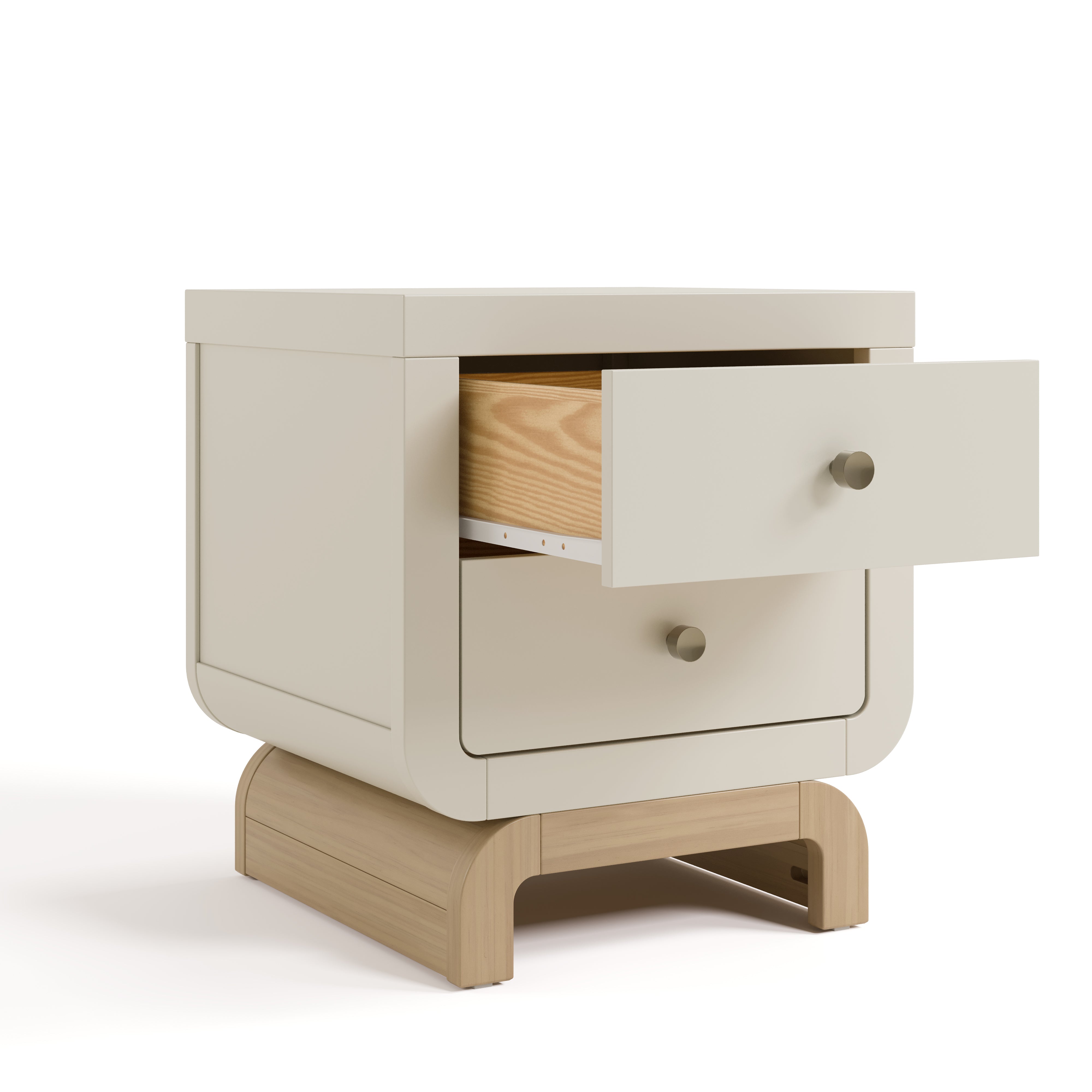 Santorini frosted oat with driftwood 2 drawer nightstand angle view with top drawer open