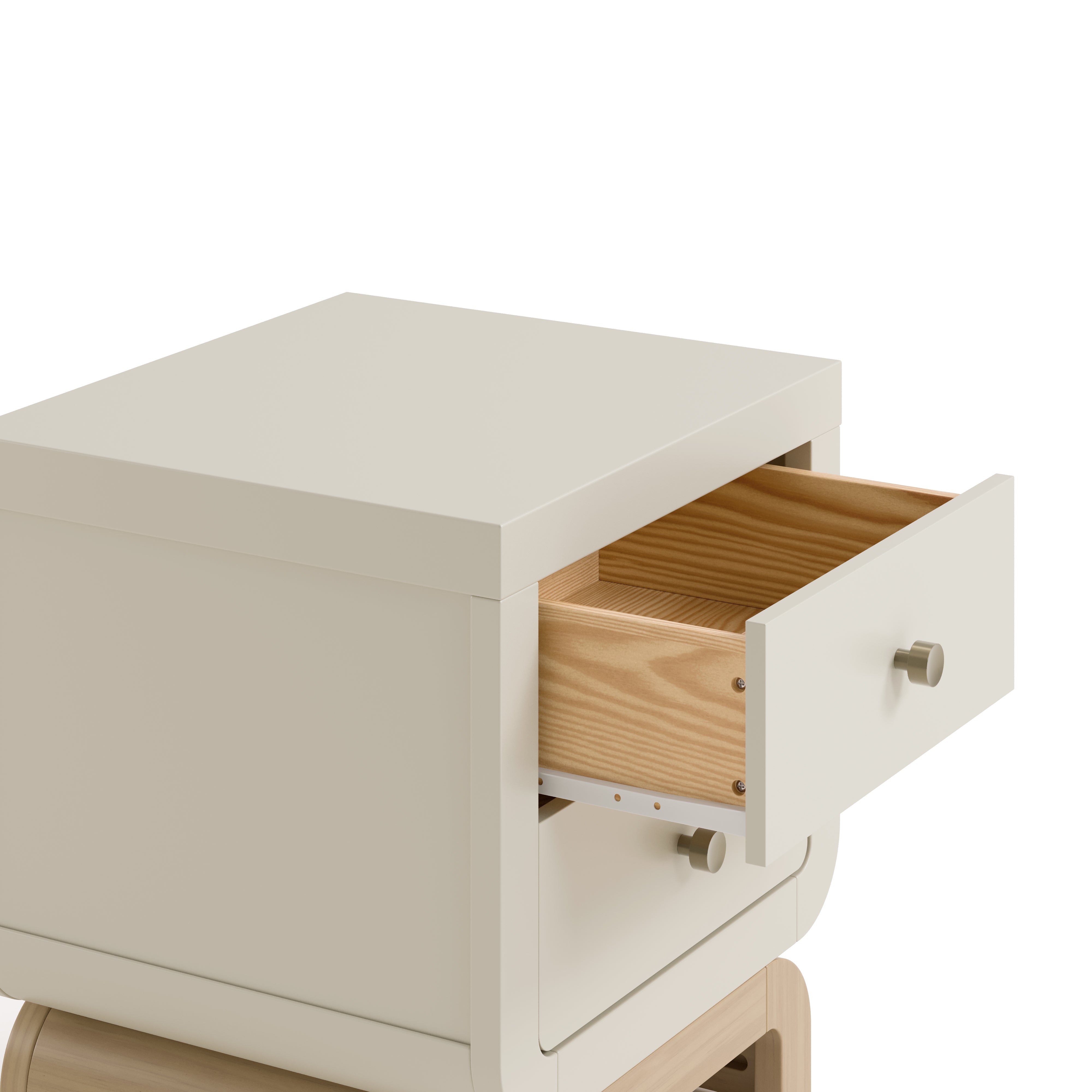 Santorini frosted oat with driftwood 2 drawer nightstand top drawer open closeup