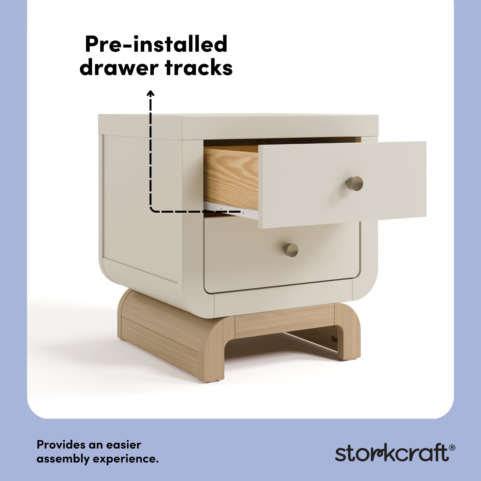 Santorini frosted oat with driftwood 2 drawer nightstand pre-installed drawer tracks callout