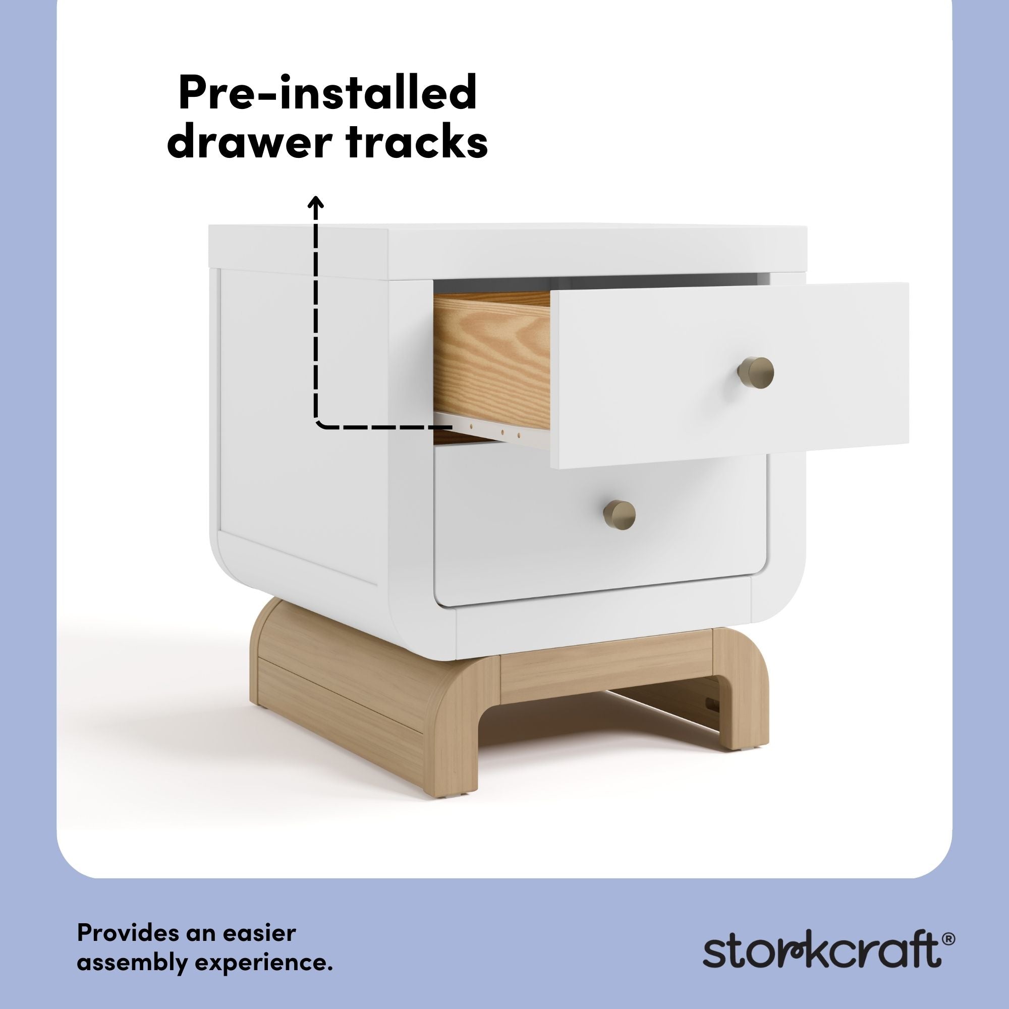 Santorini white with driftwood 2 drawer nightstand pre-installed drawer tracks callout