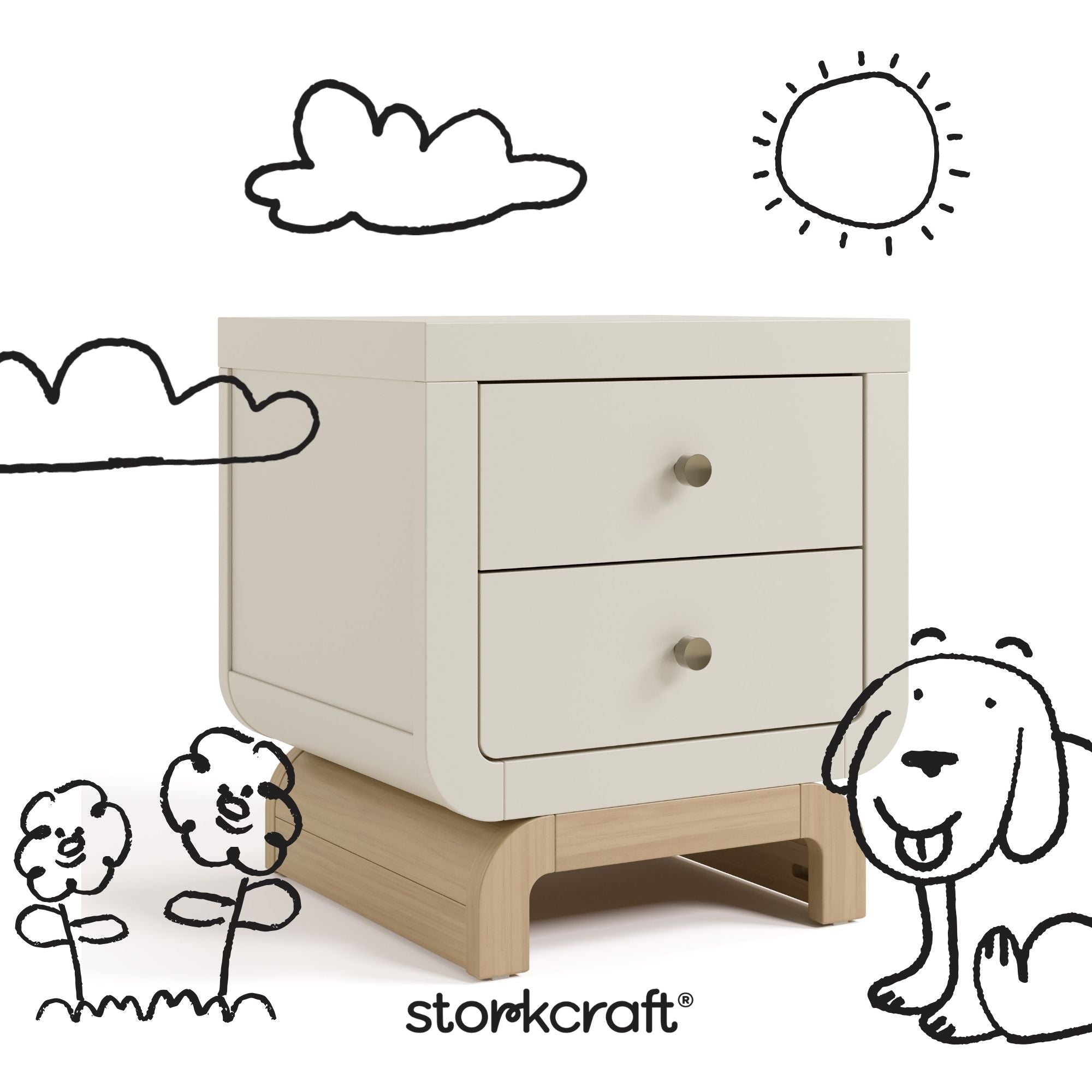 Santorini frosted oat with driftwood 2 drawer nightstand with black cartoon drawings