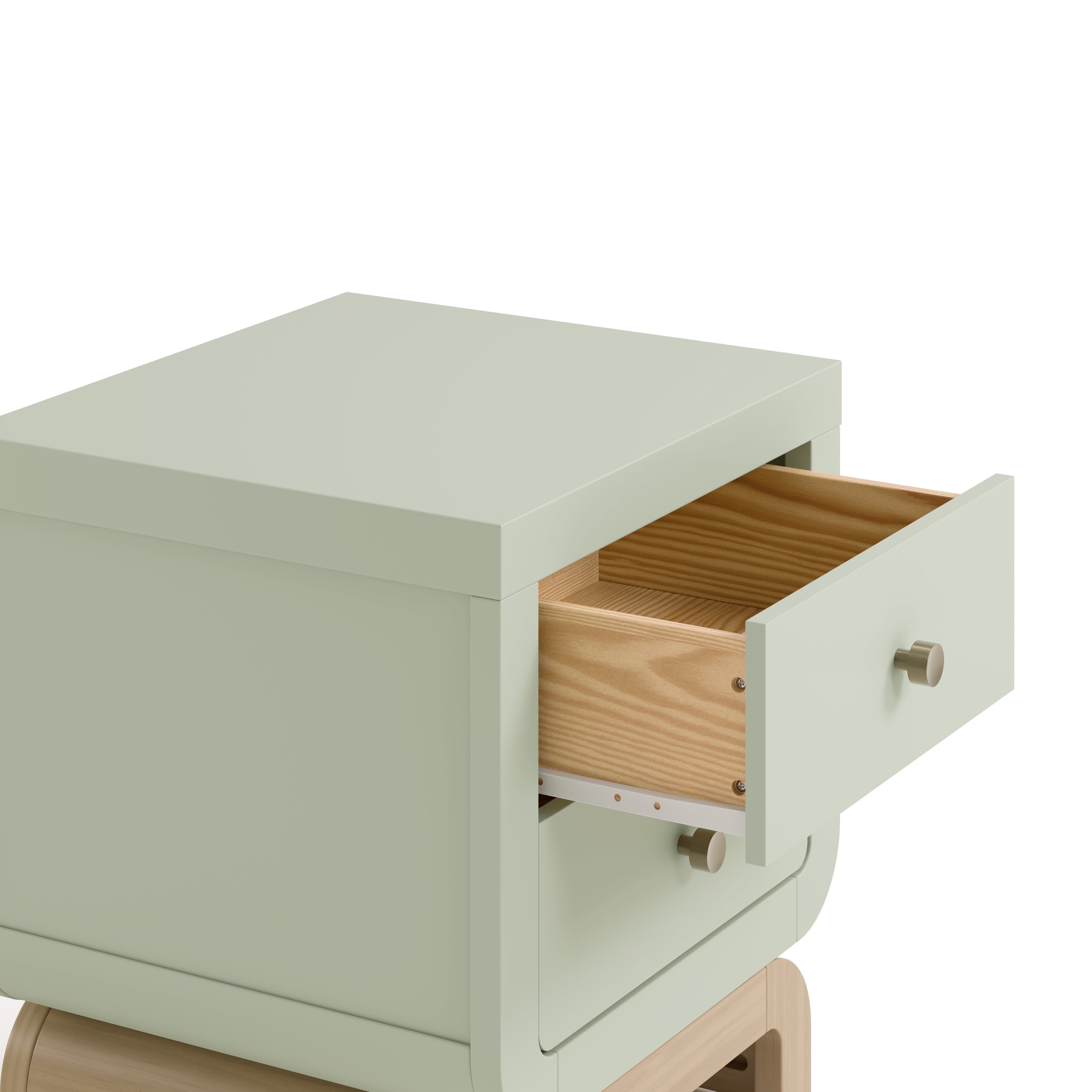 Santorini sage with driftwood 2 drawer nightstand top drawer open closeup