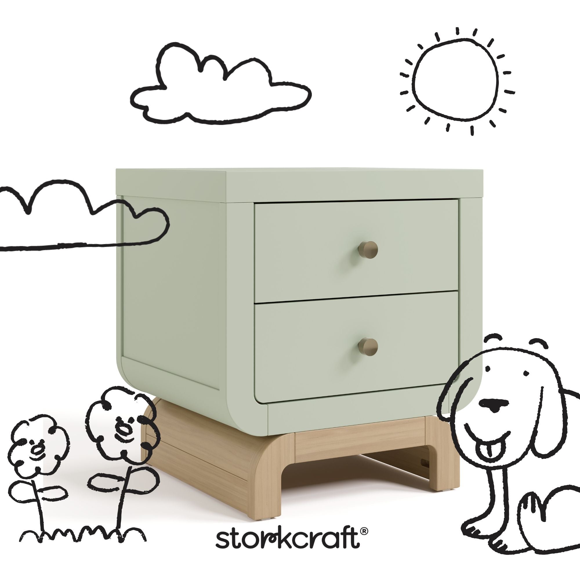 santorini sage with driftwood 2 drawer nightstand with black cartoon drawings overlaid on image