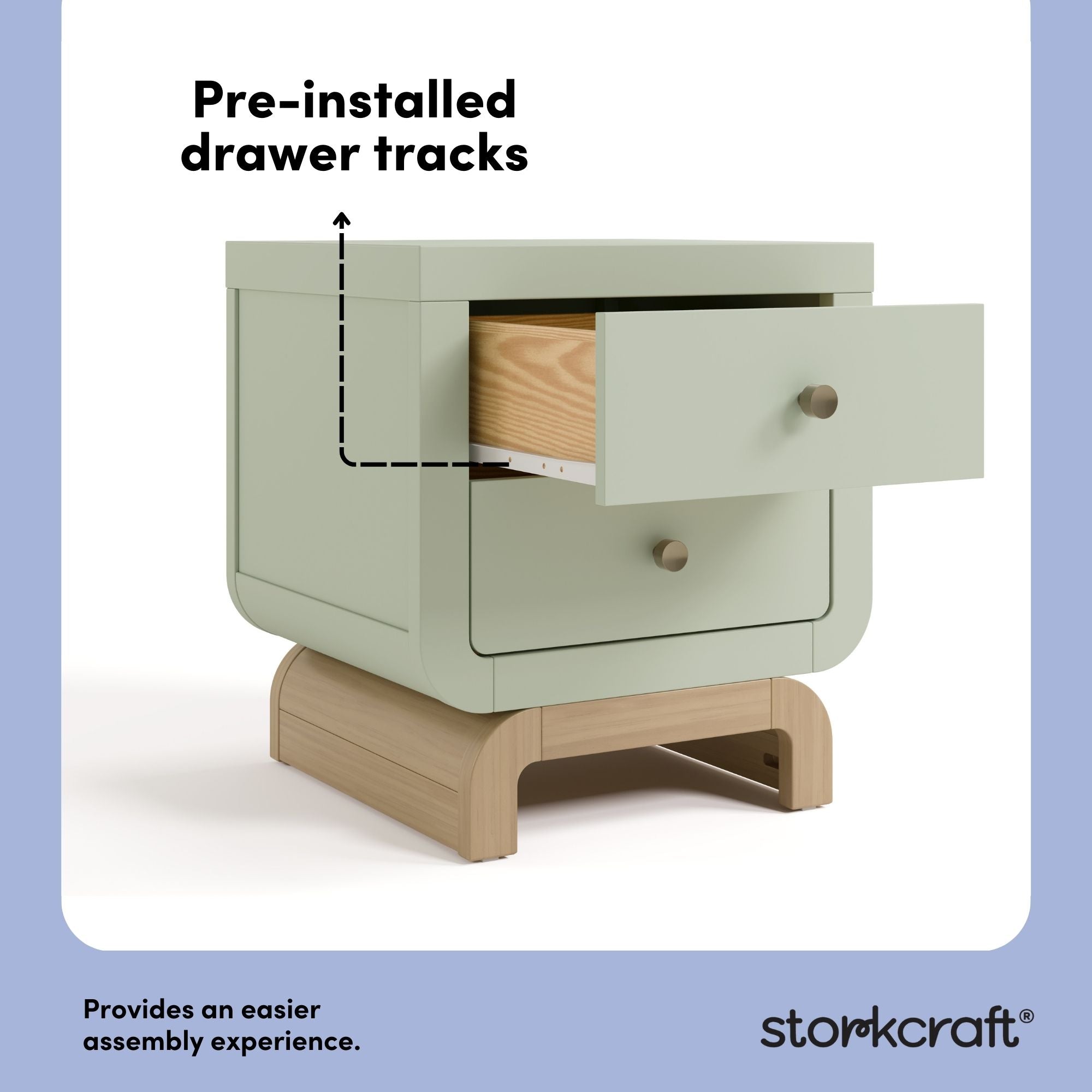santorini sage with driftwood 2 drawer nightstand pre-installed drawer tracks callout