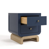 Santorini midnight blue with driftwood 2 drawer nightstand angle view with top drawer open