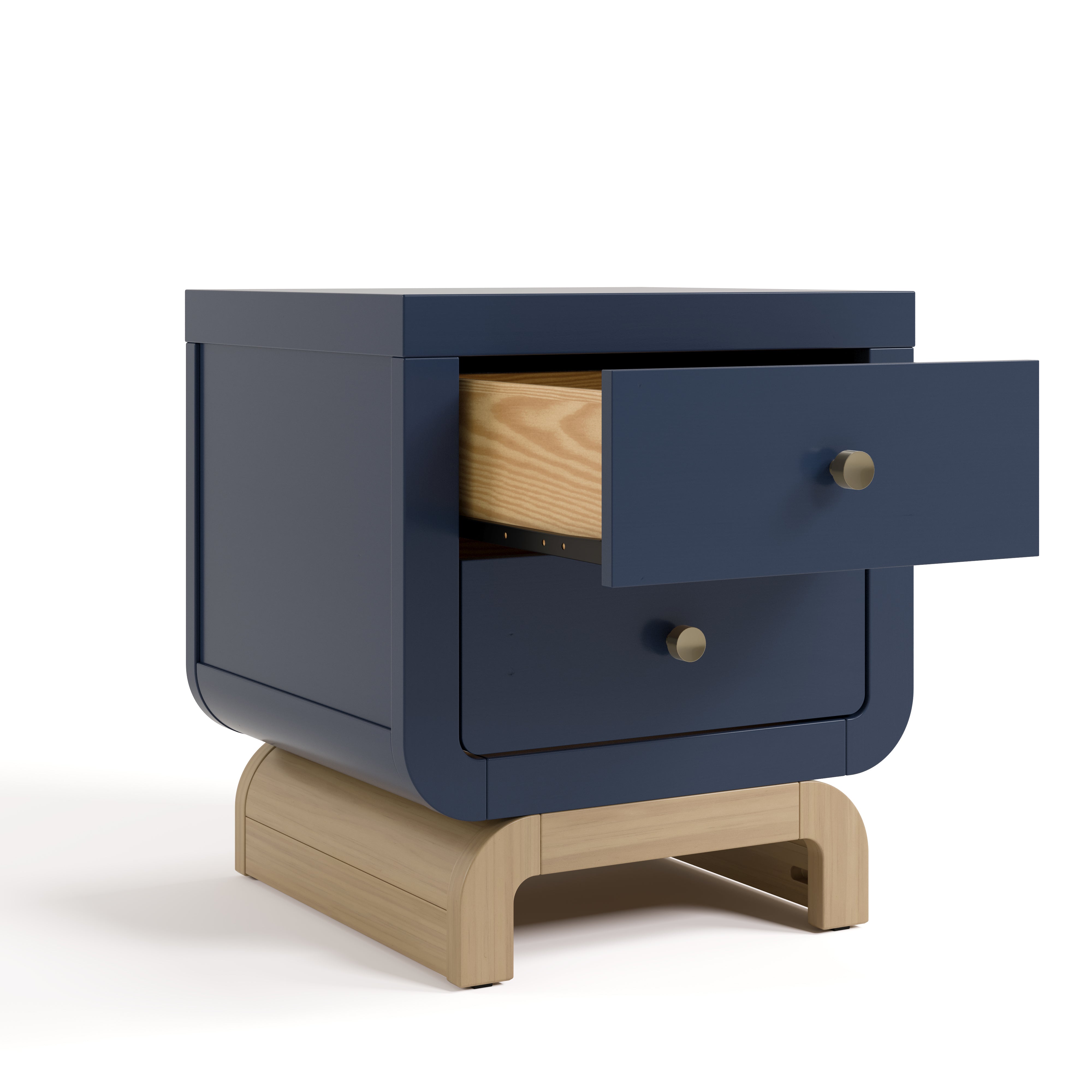 Santorini midnight blue with driftwood 2 drawer nightstand angle view with top drawer open