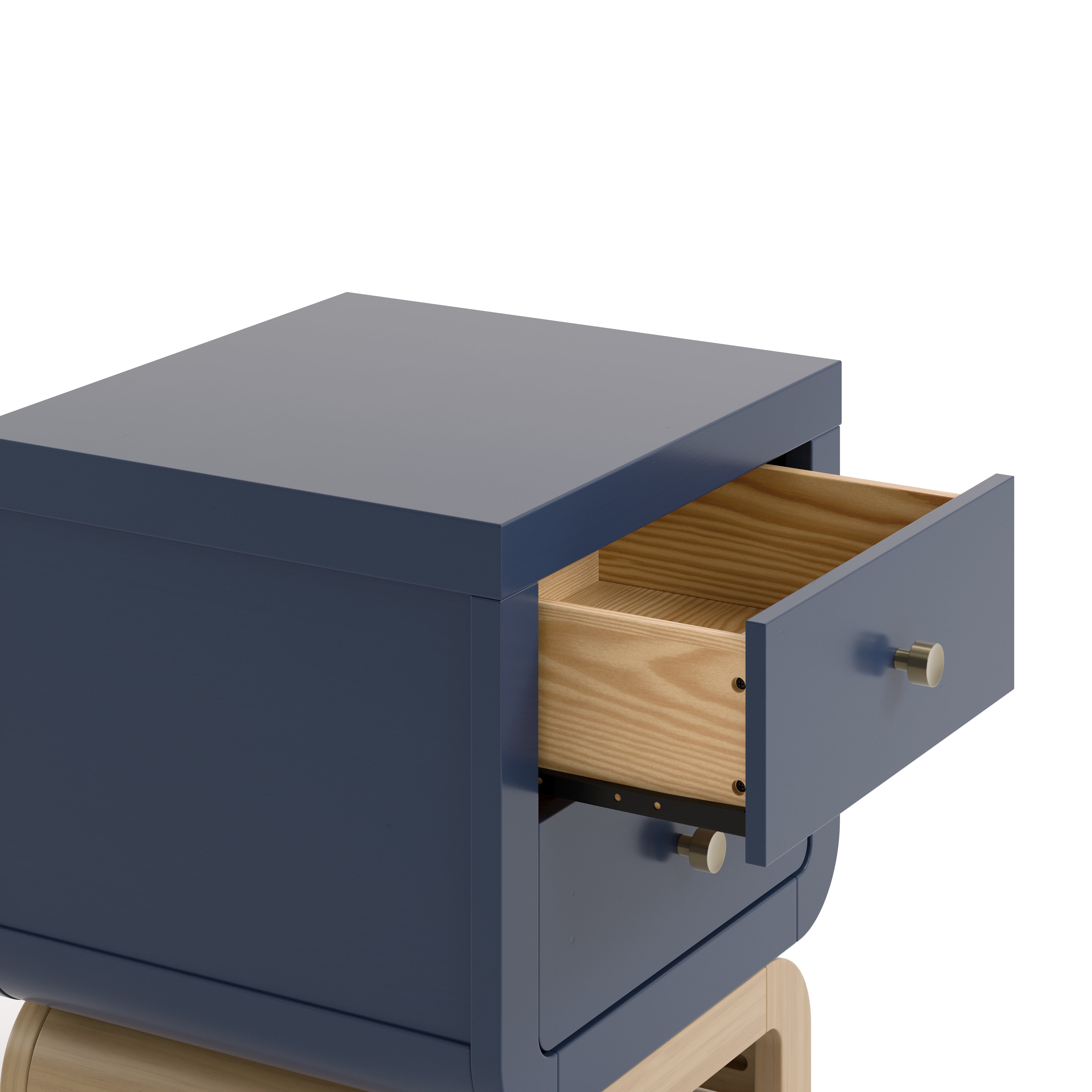 Santorini midnight blue with driftwood 2 drawer nightstand top drawer open closeup