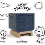 Santorini midnight blue with driftwood 2 drawer nightstand with black doodles overlaid on image