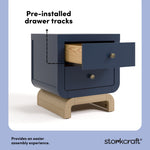 santorini midnight blue with driftwood 2 drawer nightstand pre-installed drawer tracks callout