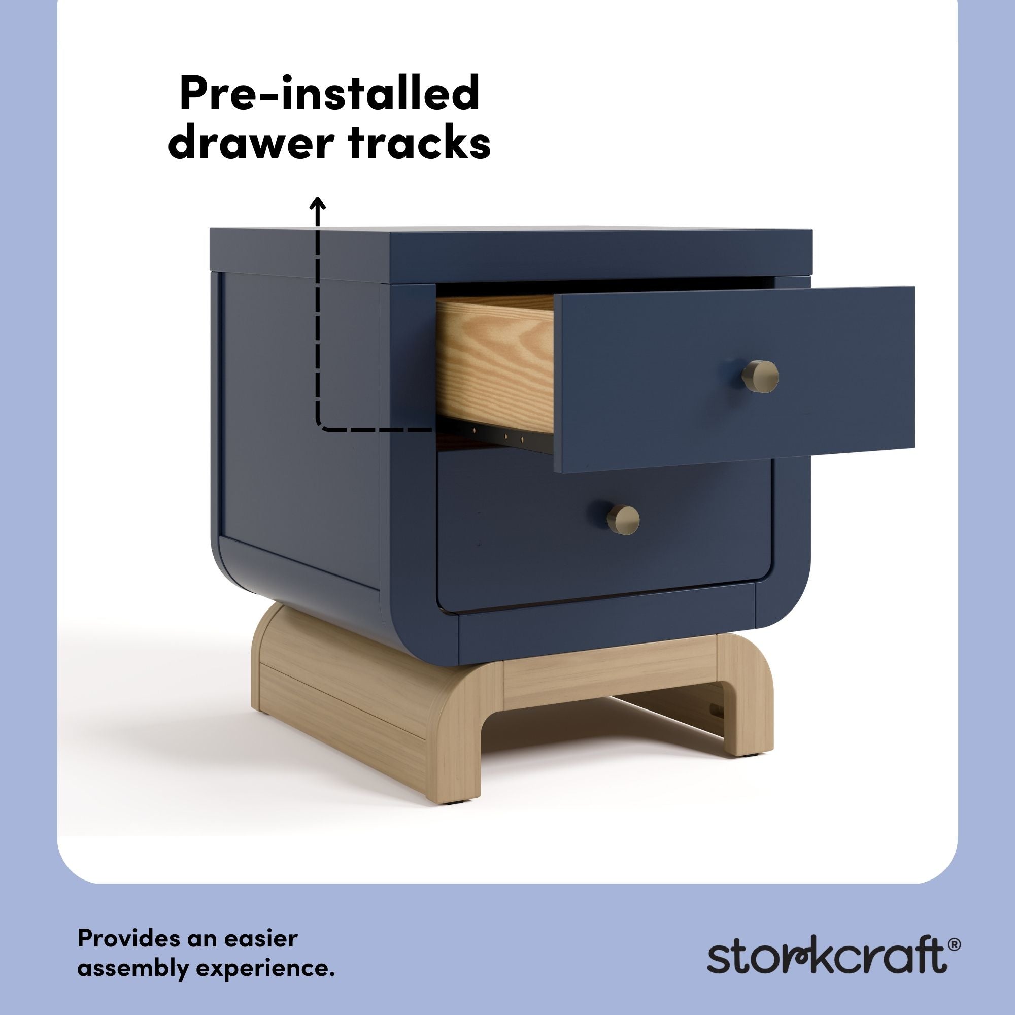 santorini midnight blue with driftwood 2 drawer nightstand pre-installed drawer tracks callout