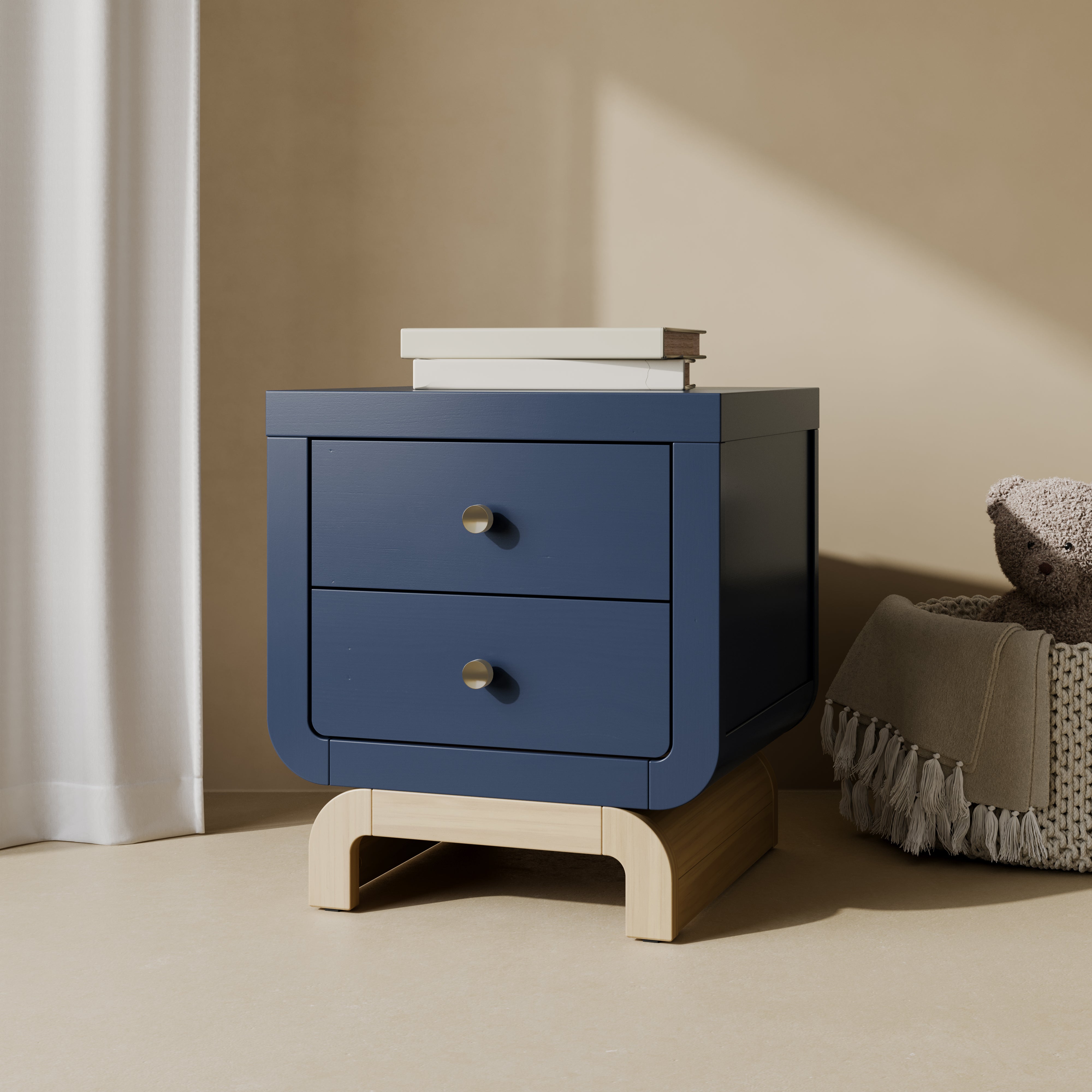 Santorini midnight blue with driftwood 2 drawer nightstand in kids room