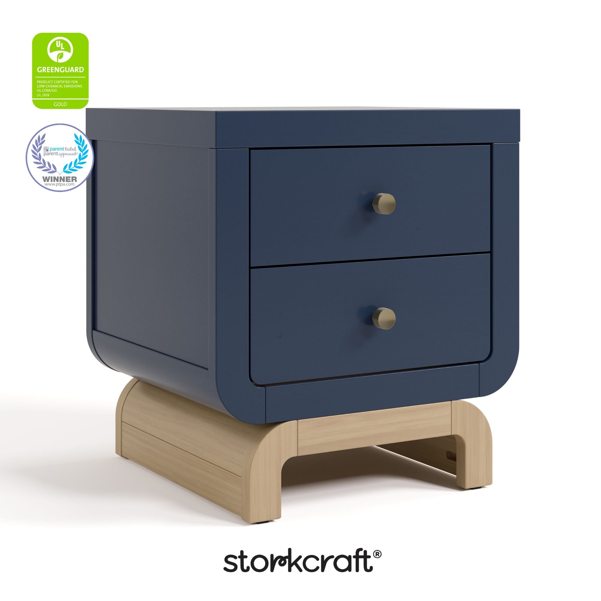 santorini midnight blue with driftwood 2 drawer nightstand certifications callout