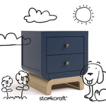 santorini midnight blue with driftwood 2 drawer nightstand with black cartoon drawings overlaid on image