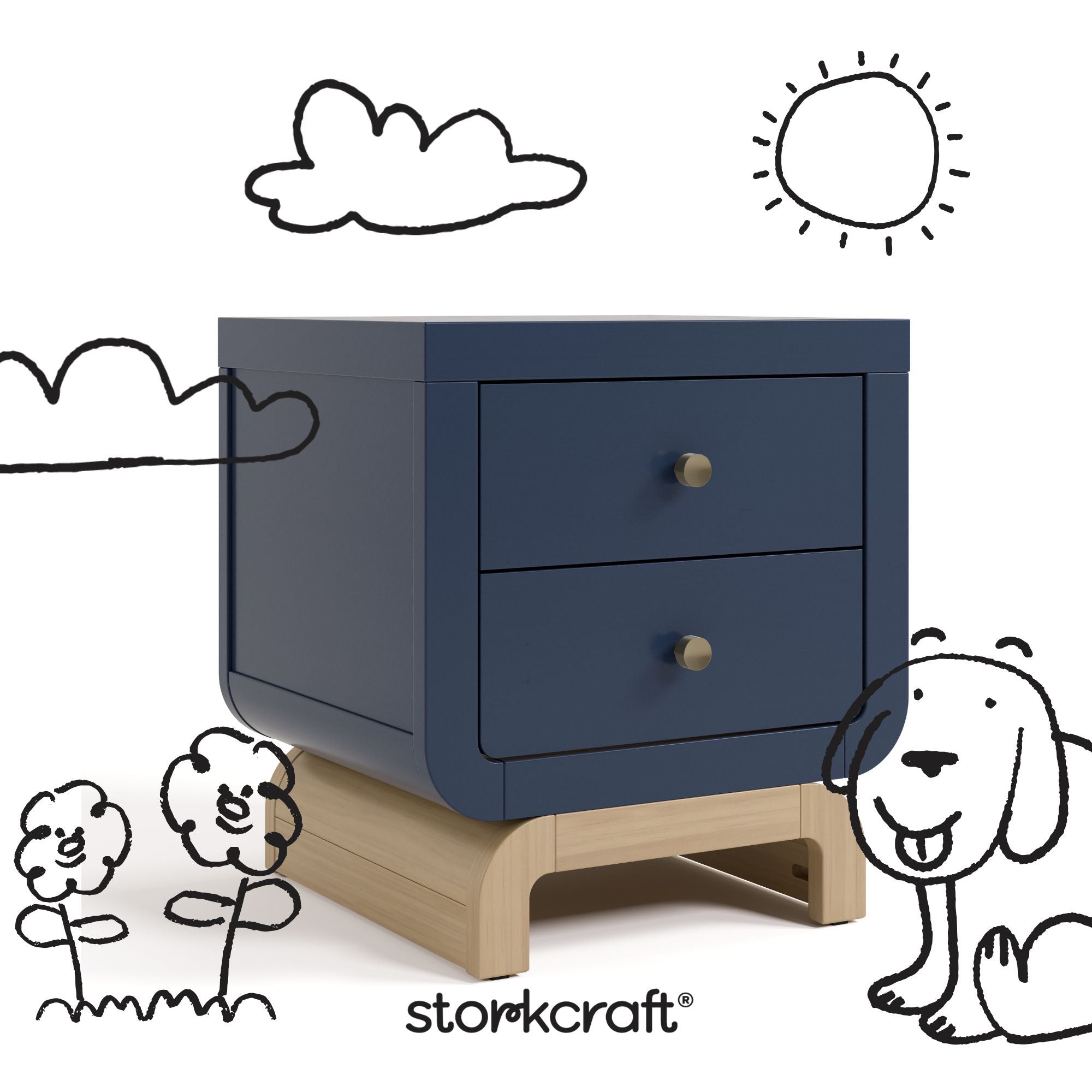 santorini midnight blue with driftwood 2 drawer nightstand with black cartoon drawings overlaid on image