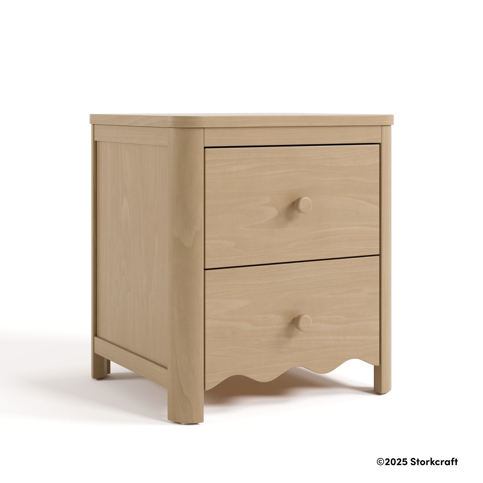 Casablanca driftwood nightstand angle view with 2025 Storkcraft copyright on bottom right