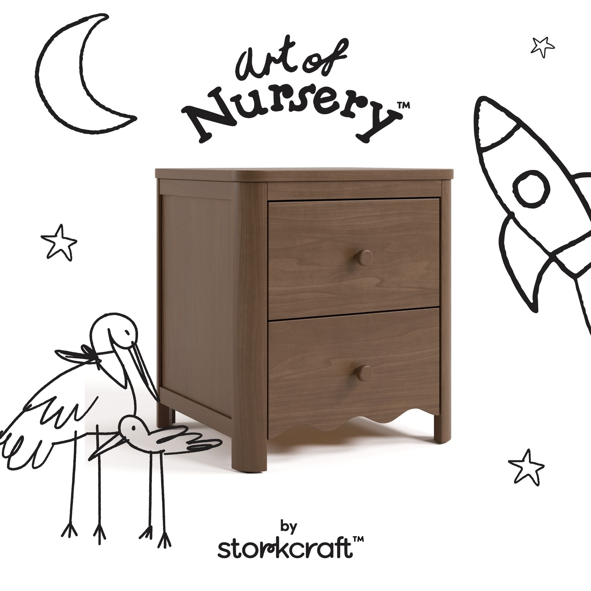 Casablanca hazelnut 2 drawer nightstand with black doodles overlaid on image