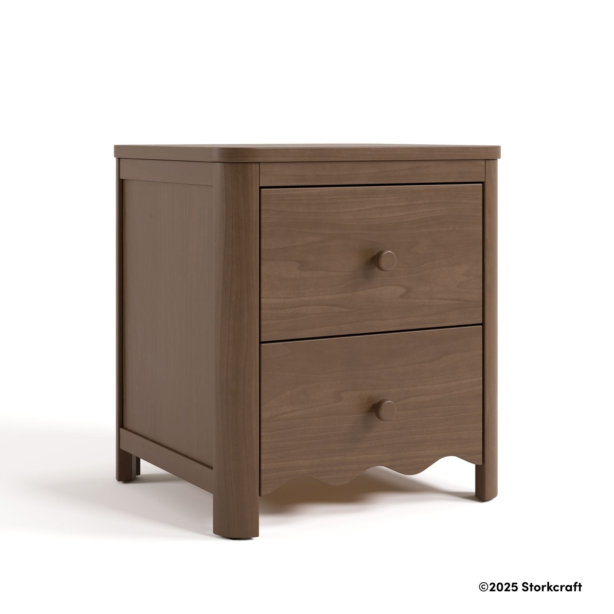 Casablanca hazelnut nightstand angle view with 2025 Storkcraft copyright on bottom right