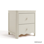 Casablanca frosted oat nightstand angle view with 2025 Storkcraft copyright on bottom right
