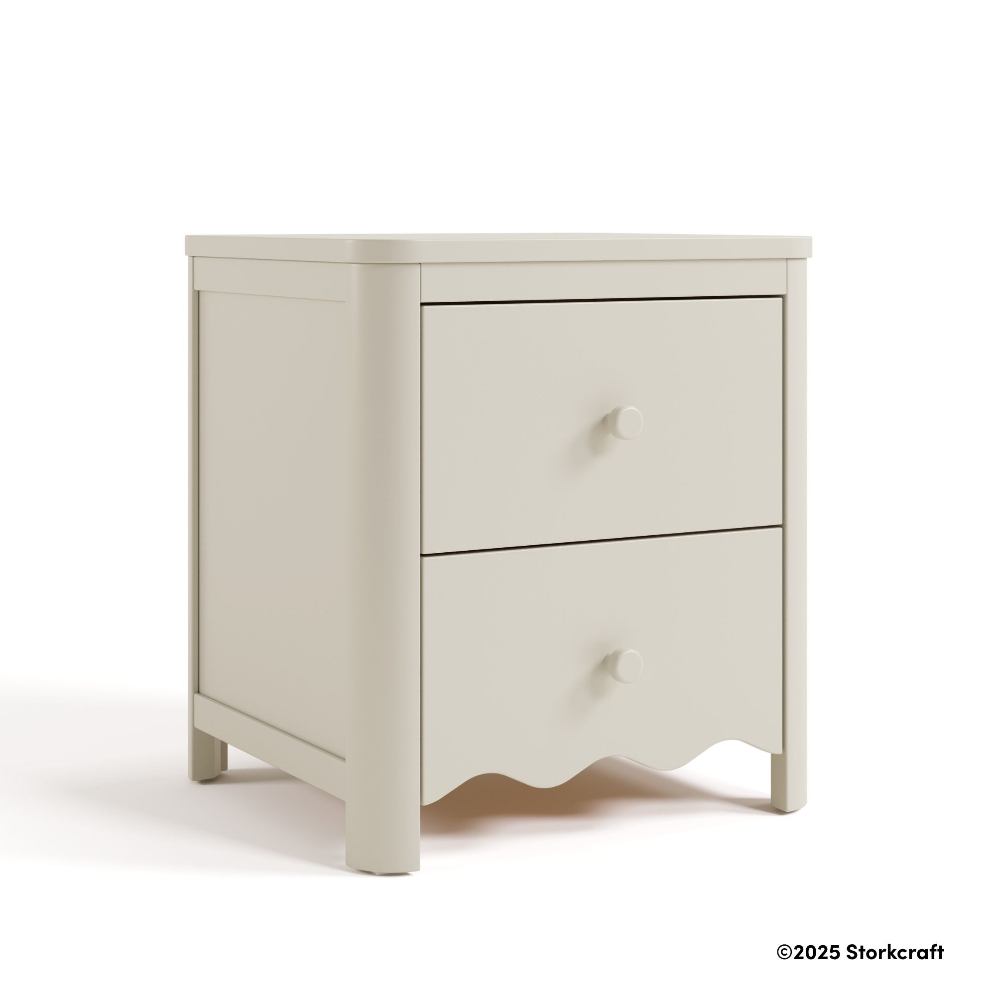 Casablanca frosted oat nightstand angle view with 2025 Storkcraft copyright on bottom right