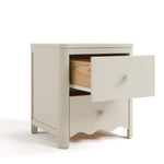 Casablanca frosted oat 2 drawer nightstand angle view with top drawer open