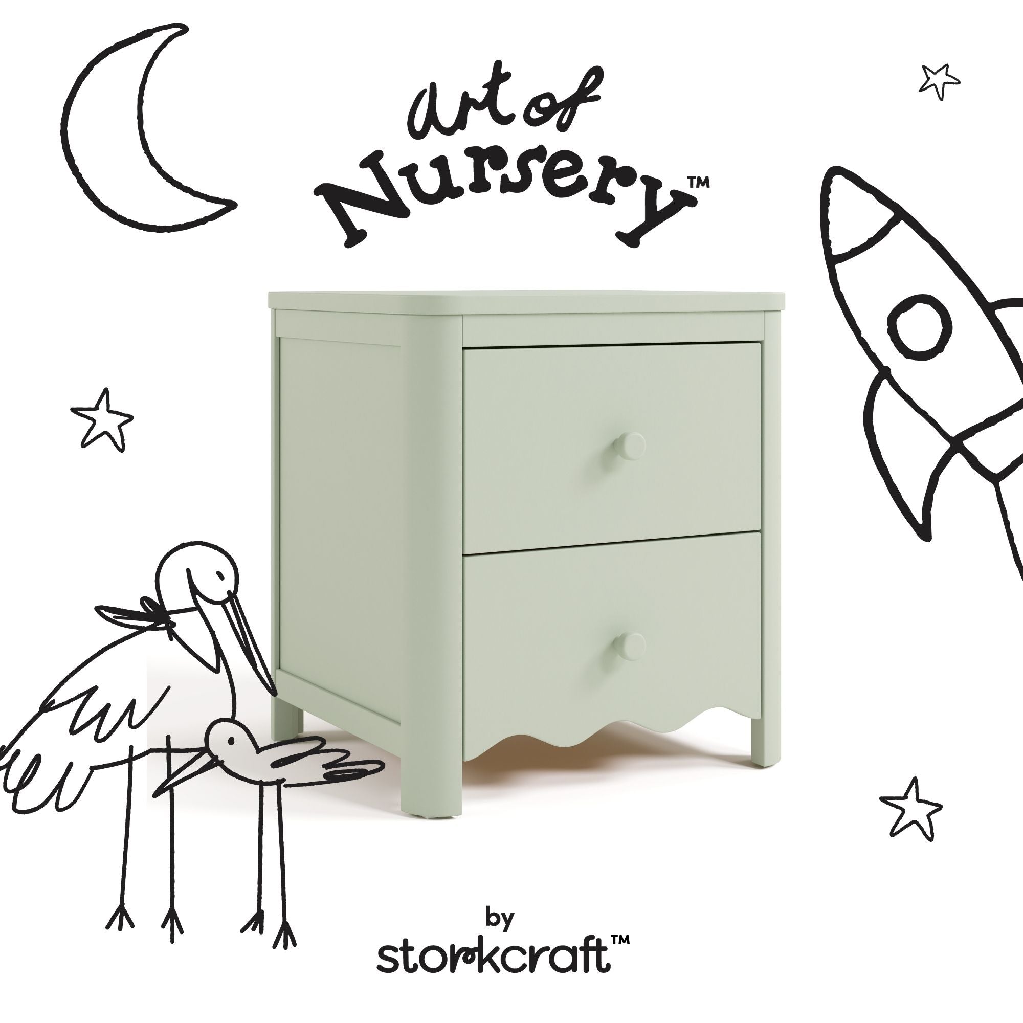 Casablanca sage 2 drawer nightstand with black doodles overlaid on image
