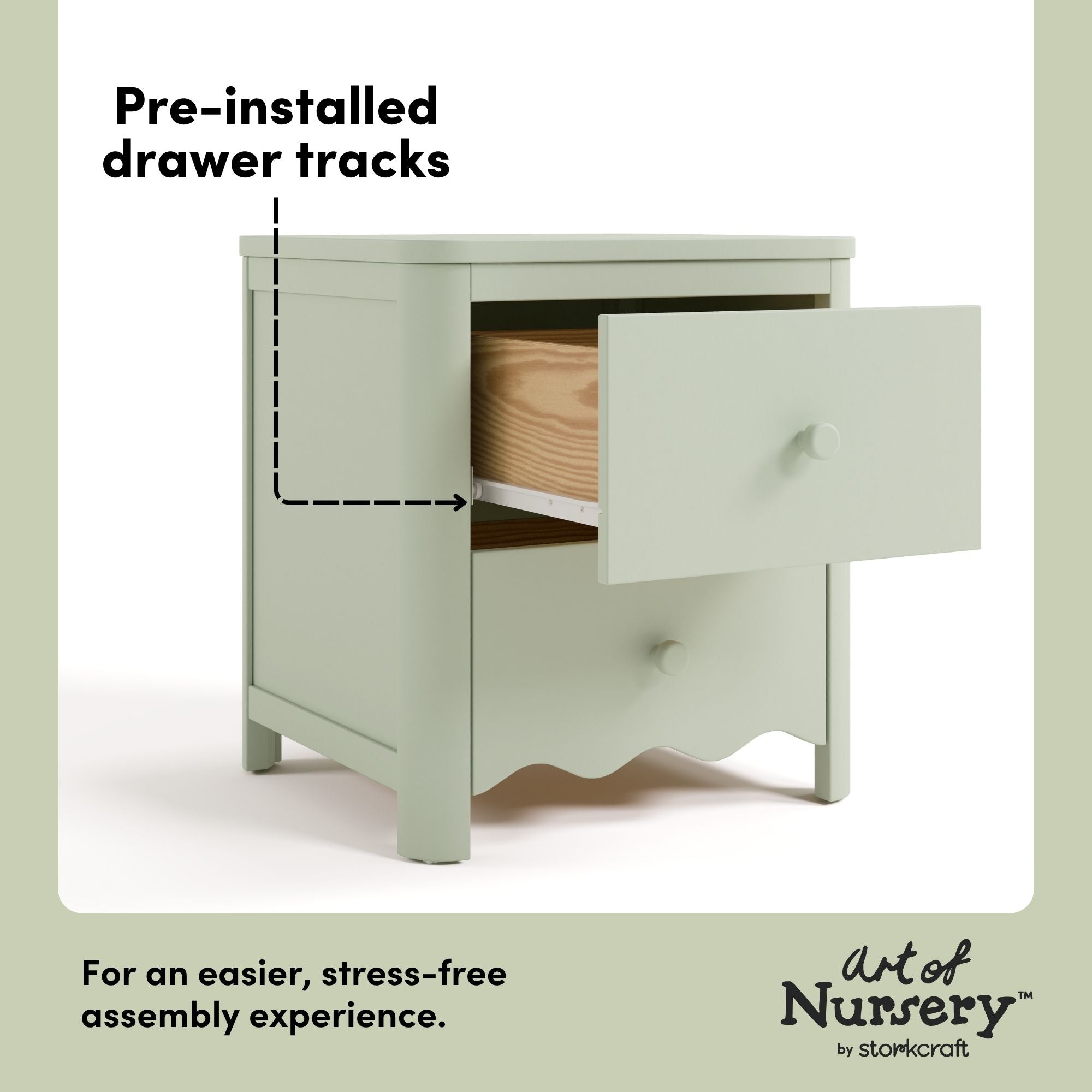 Casablanca sage 2 drawer nightstand pre-installed drawer tracks callout
