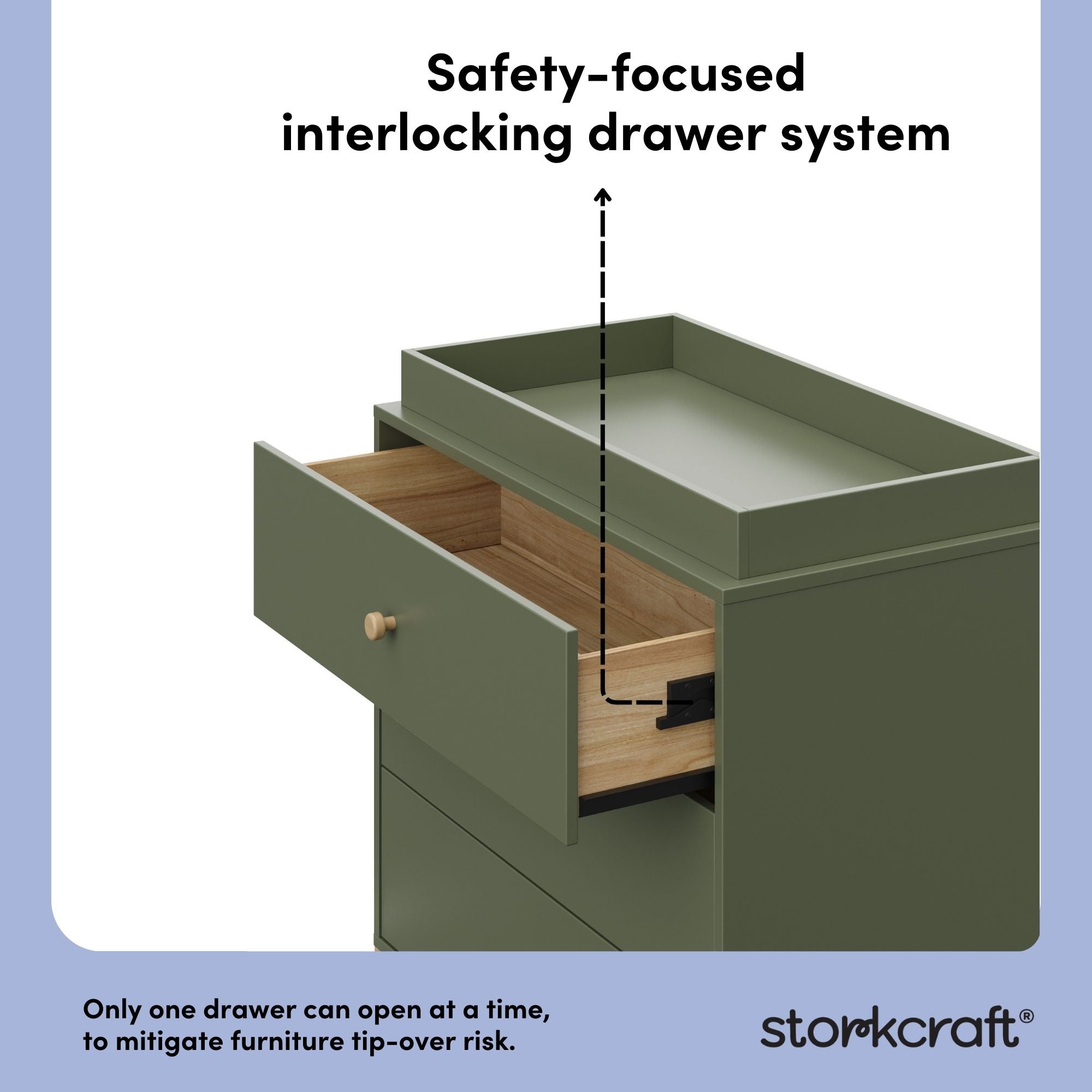 California olive with driftwood 3 drawer chest with changing topper interlocking drawers callout