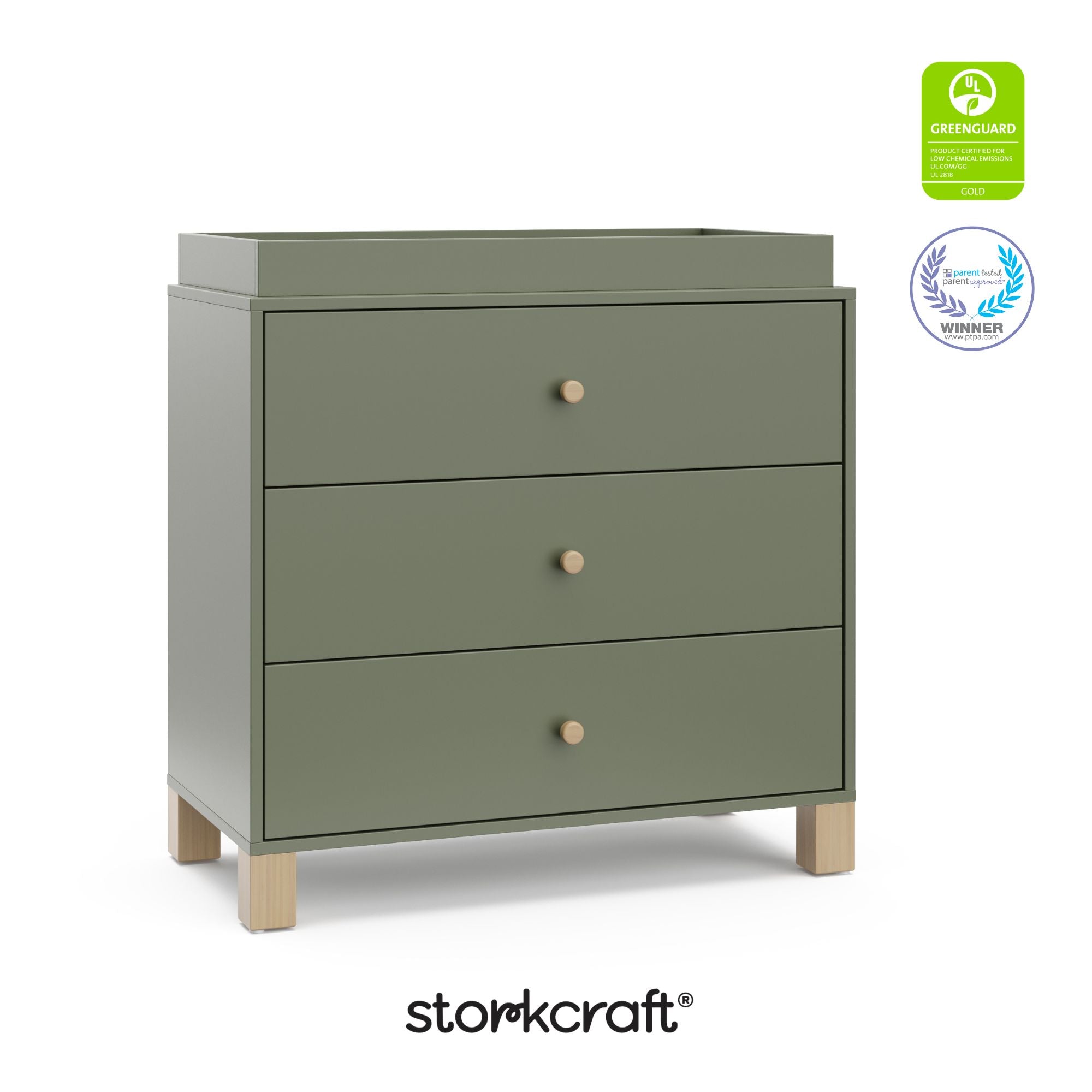 California olive with driftwood 3 drawer chest with GGG and PTPA logos on top right