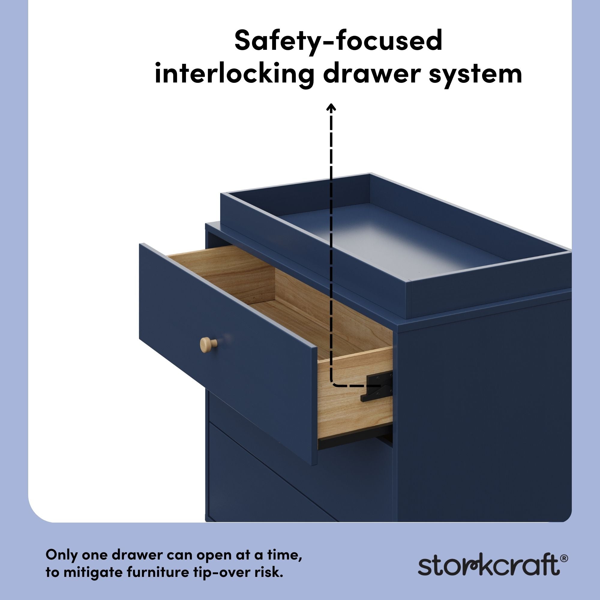California midnight blue with driftwood 3 drawer chest with changing topper interlocking drawers callout