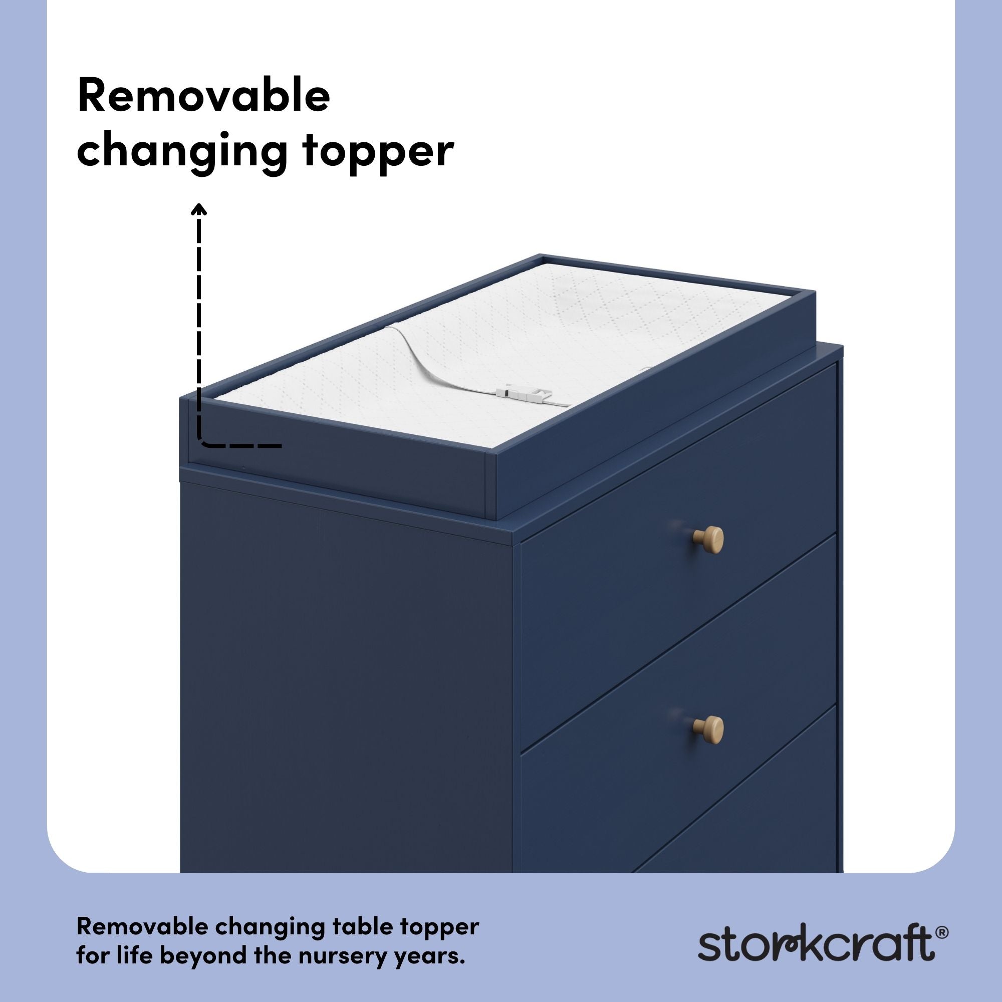 California midnight blue with driftwood 3 drawer chest with changing topper removable changing topper callout