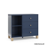 California midnight blue with driftwood 3 drawer combo dresser with 2024 Storkcraft copyright on bottom right