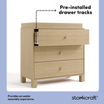 California driftwood 3 drawer chest with changing topper pre-installed drawer tracks callout