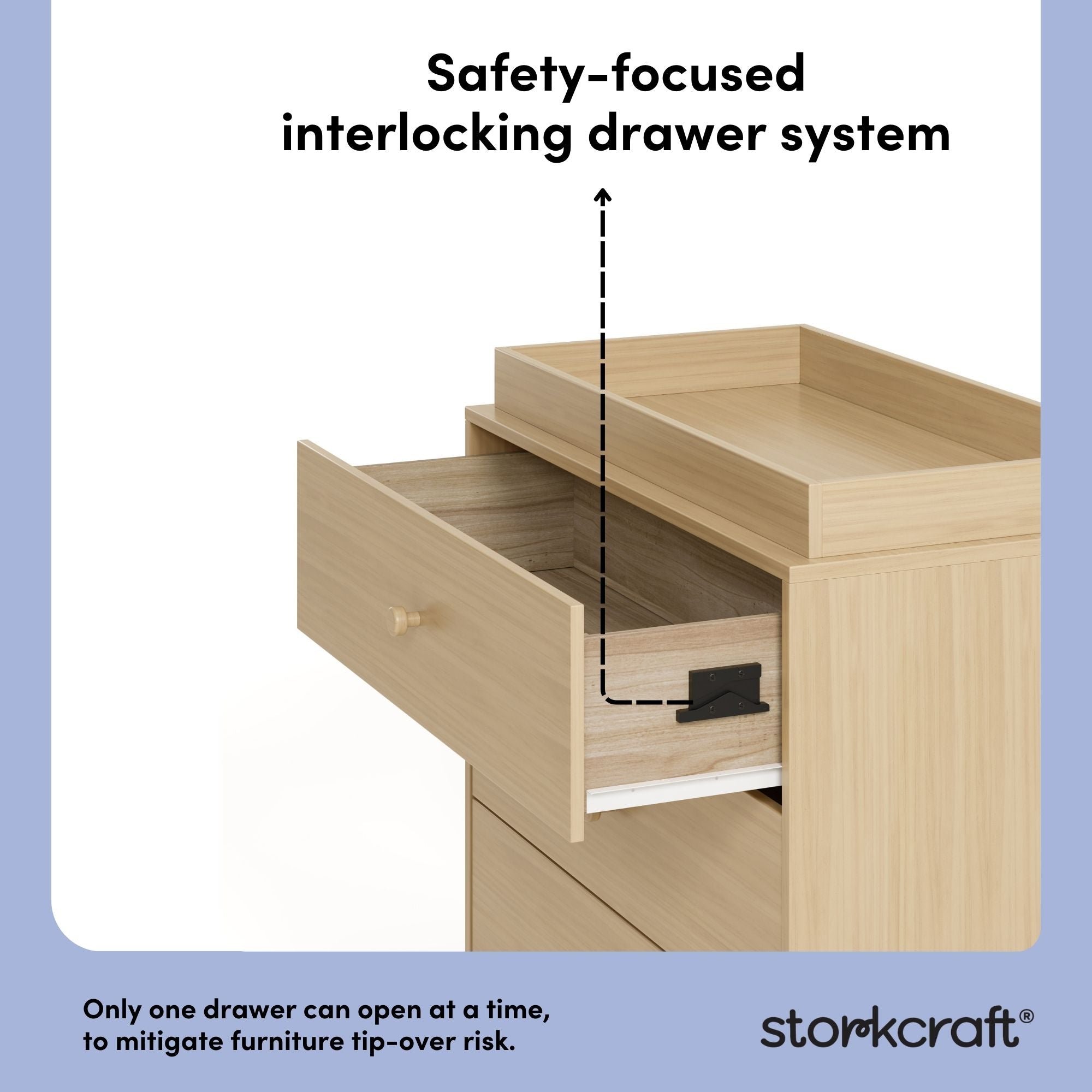 California driftwood 3 drawer chest with changing topper interlocking drawers callout
