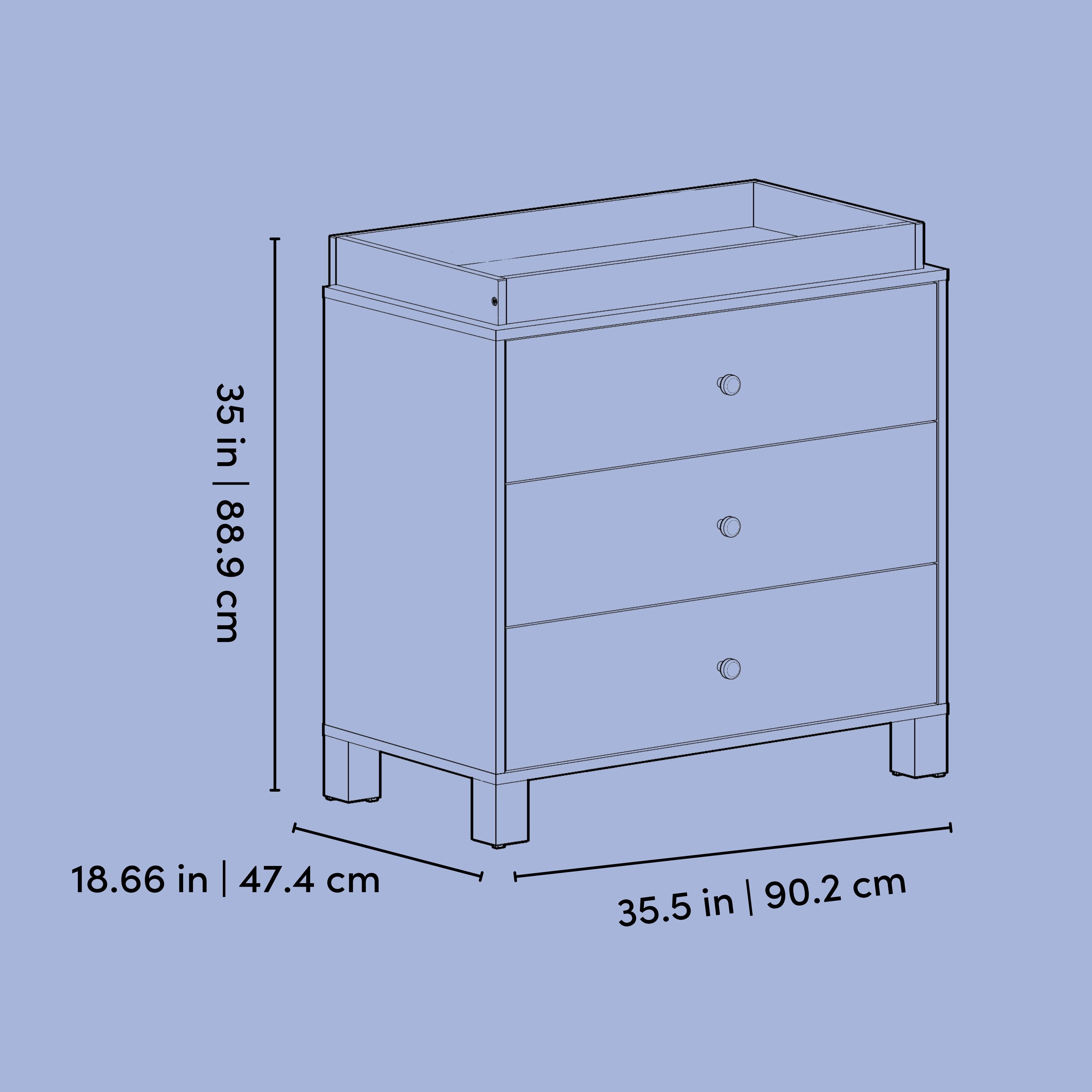 California 3 drawer chest with changing topper line drawing with dimension