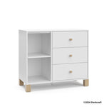 California white with driftwood 3 drawer combo dresser with 2024 Storkcraft copyright on bottom right