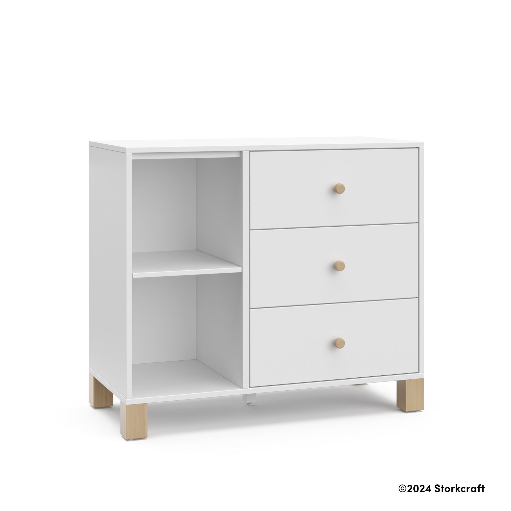 California white with driftwood 3 drawer combo dresser with 2024 Storkcraft copyright on bottom right