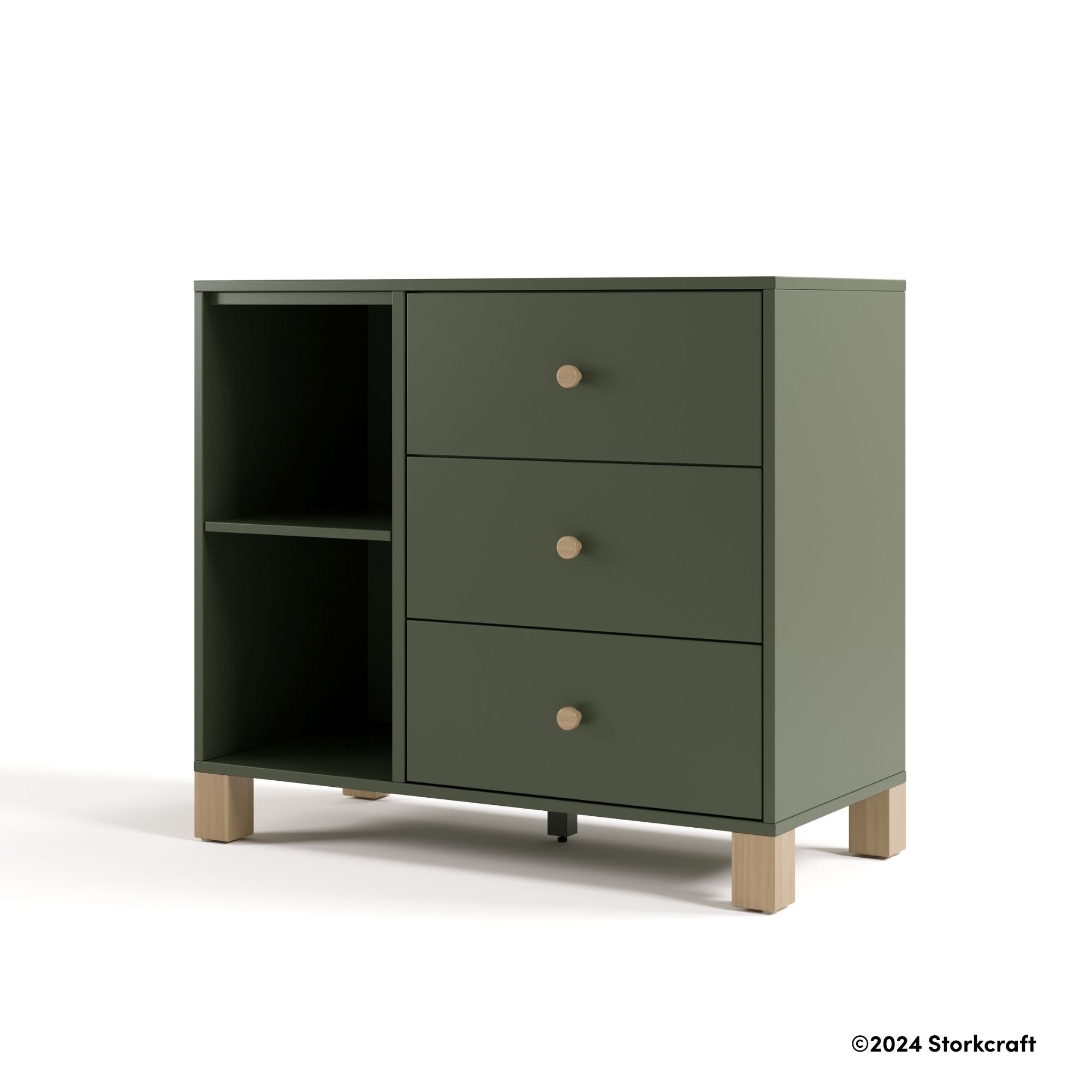 California olive with driftwood 3 drawer combo dresser with 2024 Storkcraft copyright on bottom right