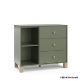 California olive with driftwood 3 drawer combo dresser with 2024 Storkcraft copyright on bottom right