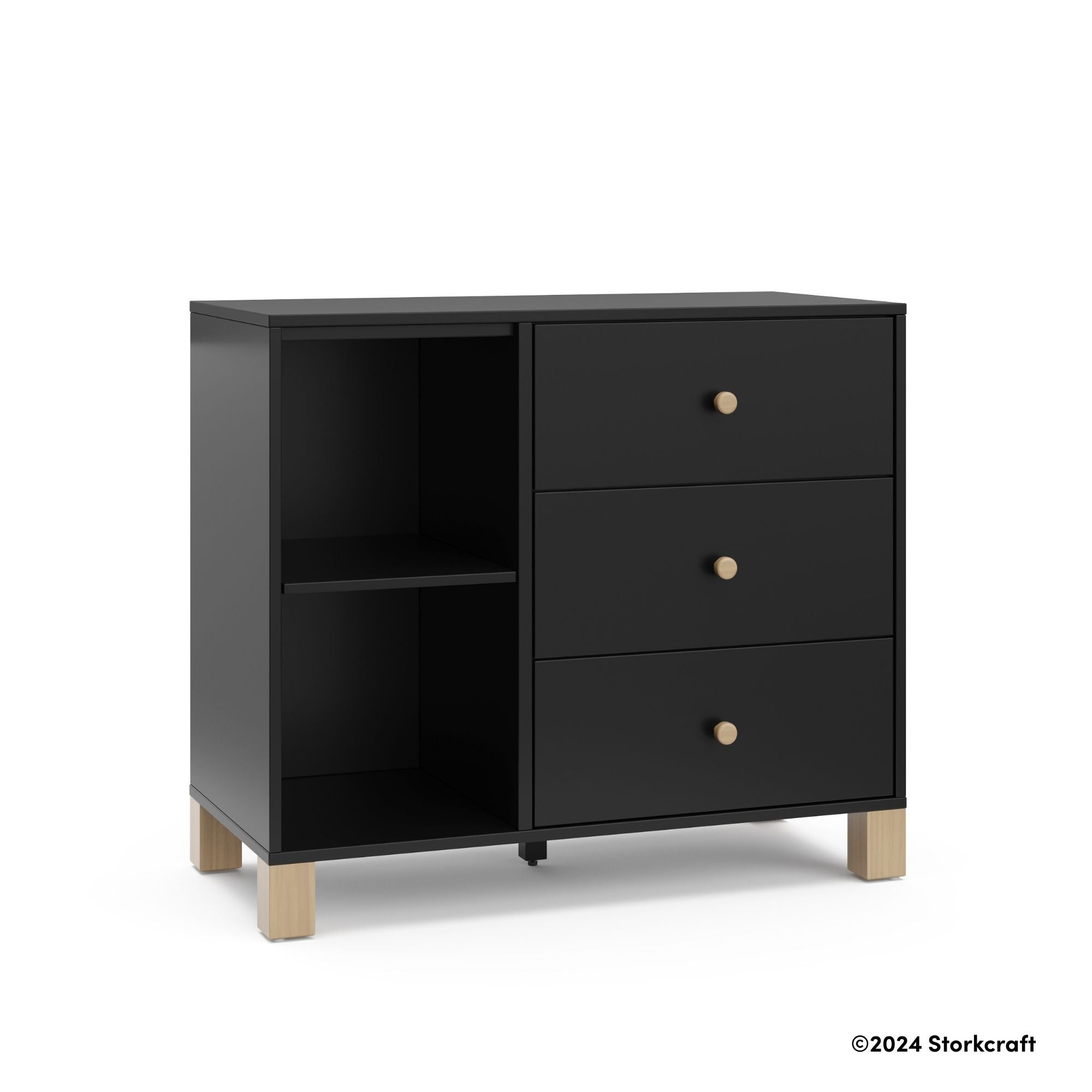 California black with driftwood 3 drawer combo dresser with 2024 Storkcraft copyright on bottom right