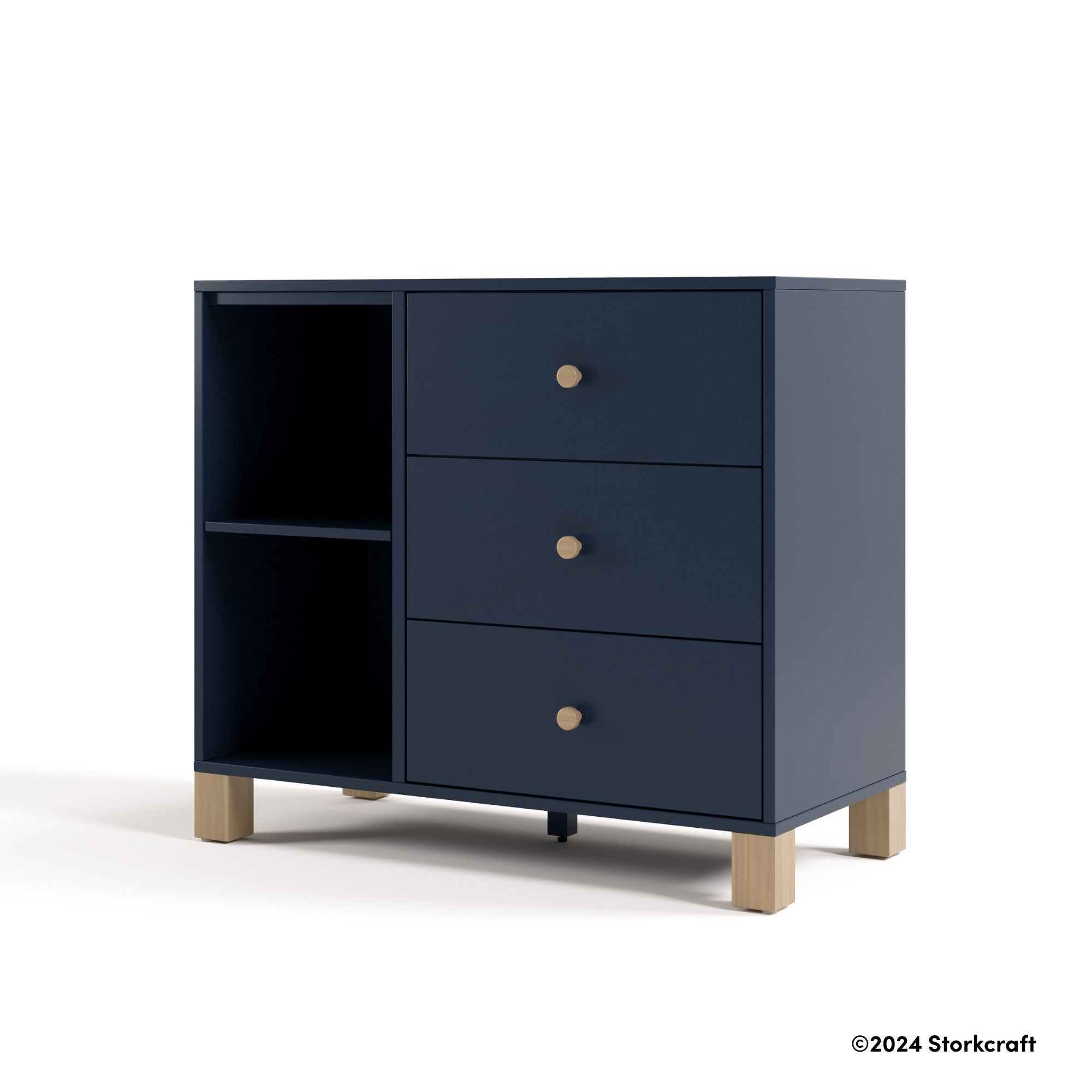 California midnight blue with driftwood 3 drawer combo dresser with 2024 Storkcraft copyright on bottom right