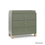 California olive with driftwood 3 drawer chest with changing topper with 2024 Storkcraft copyright on bottom right