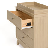 Santorini driftwood 3 drawer chest with changing topper angle view with top drawer open