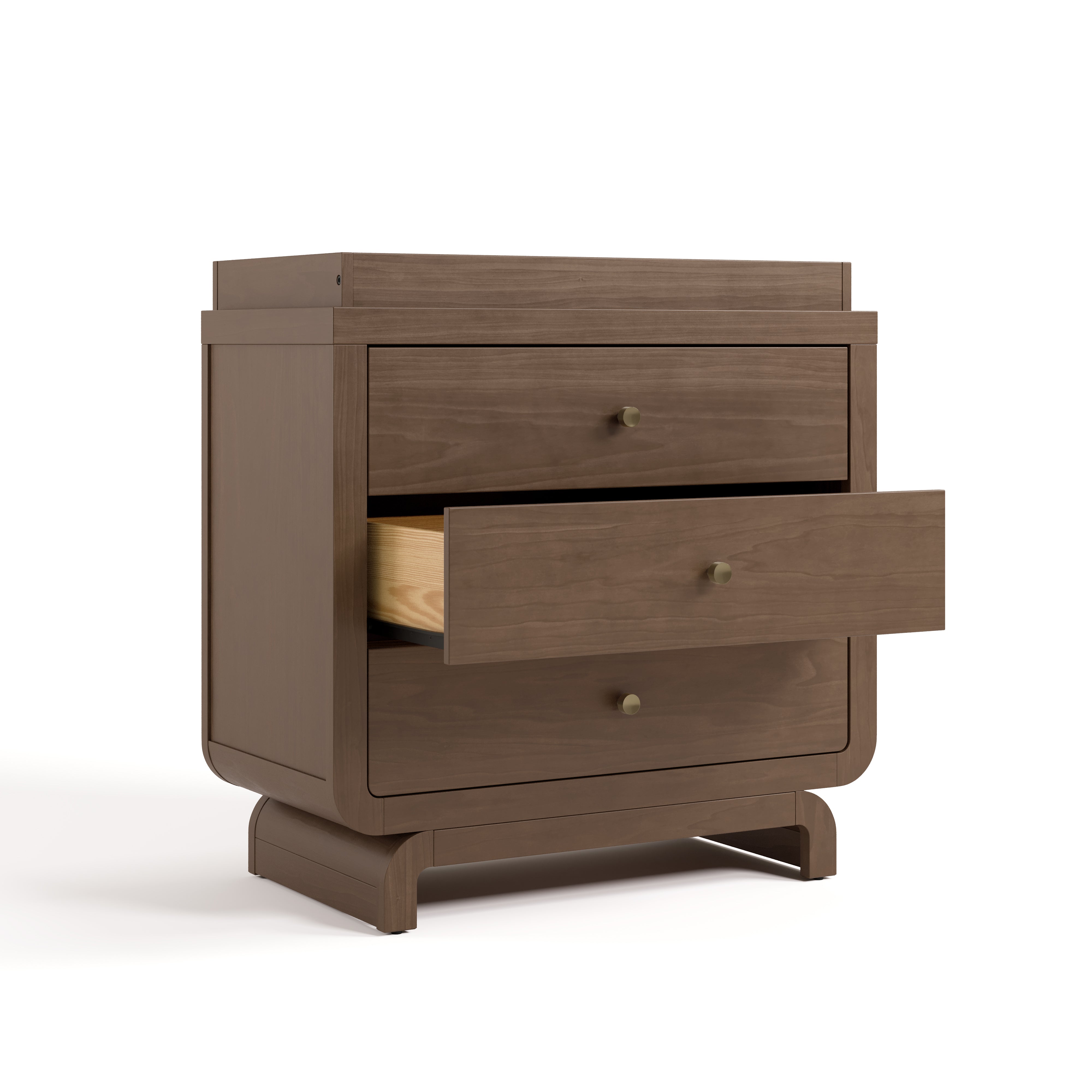 Santorini hazelnut 3 drawer chest with changing topper angle view with middle drawer open