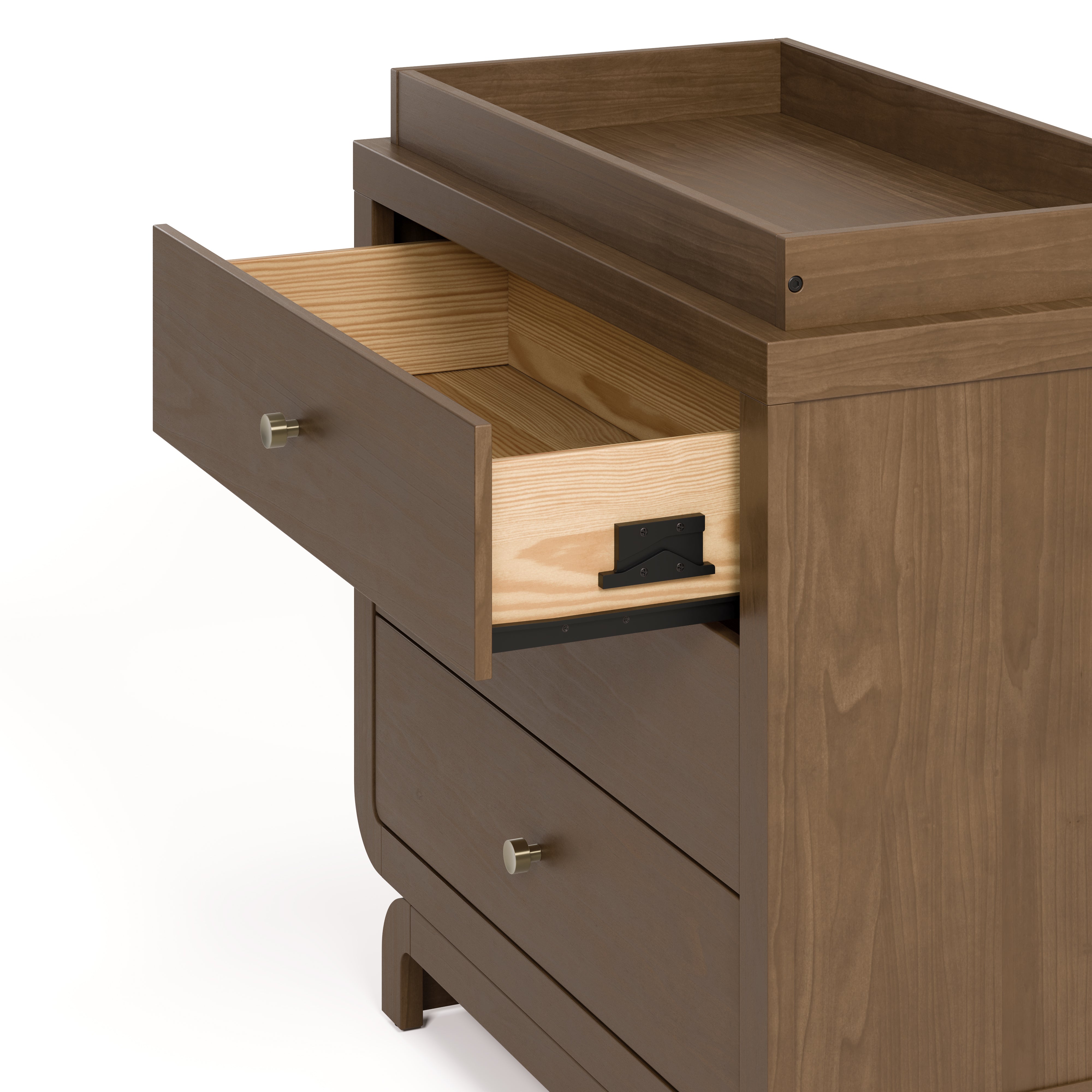 Santorini hazelnut 3 drawer chest with changing topper angle view with top drawer open