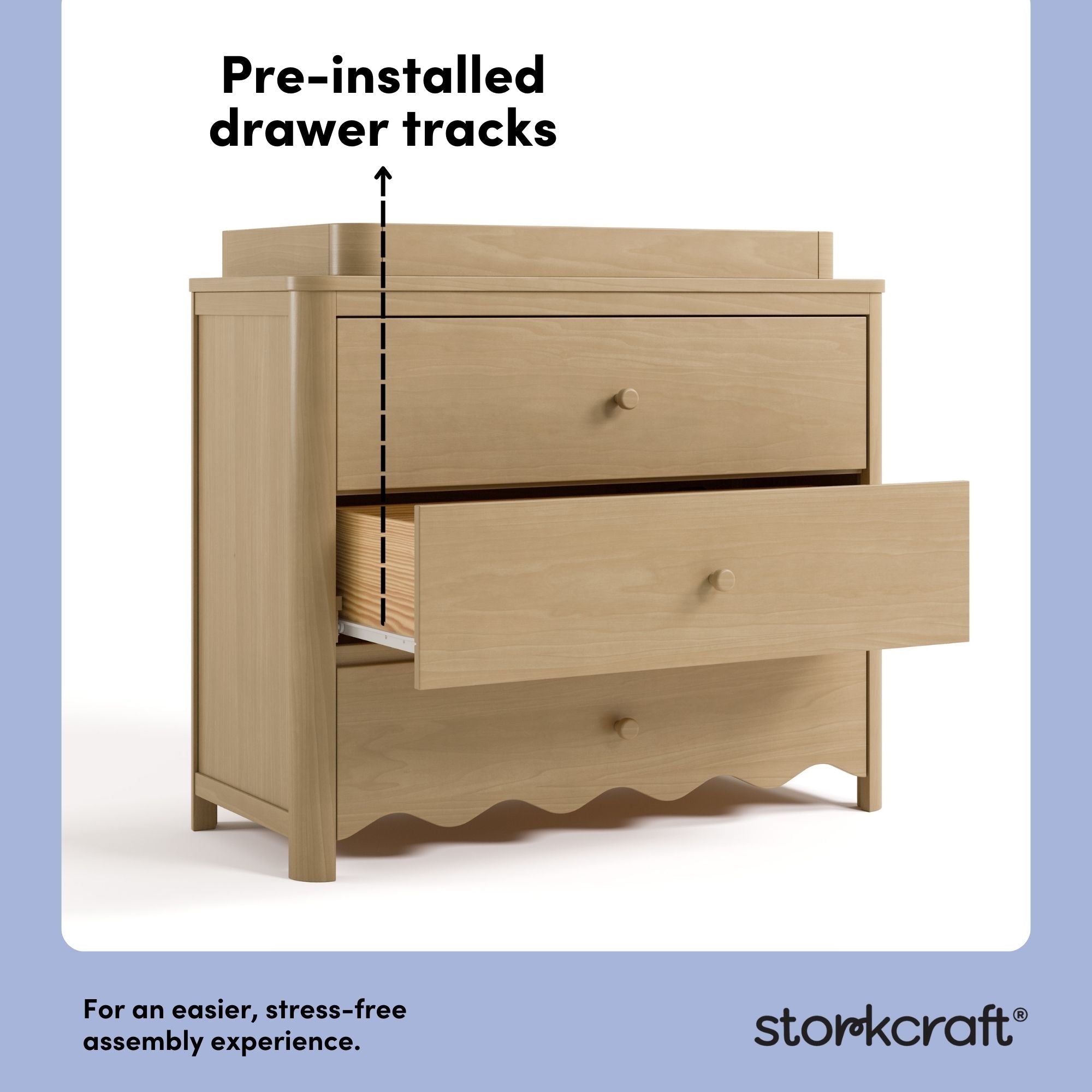 Casablanca driftwood 3 drawer chest with topper pre-installed drawer tracks callout
