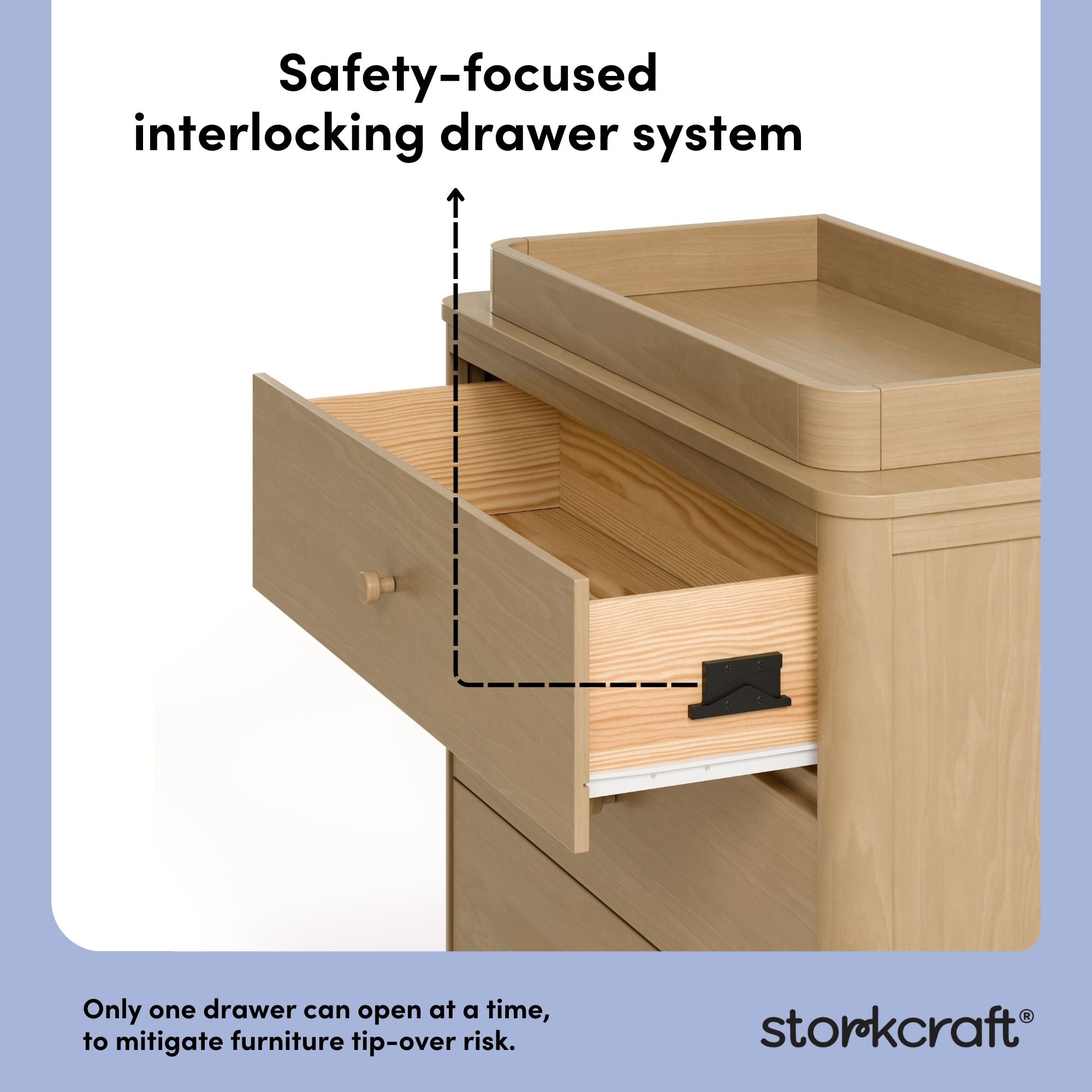 Casablanca driftwood 3 drawer chest with topper interlocking drawer system callout